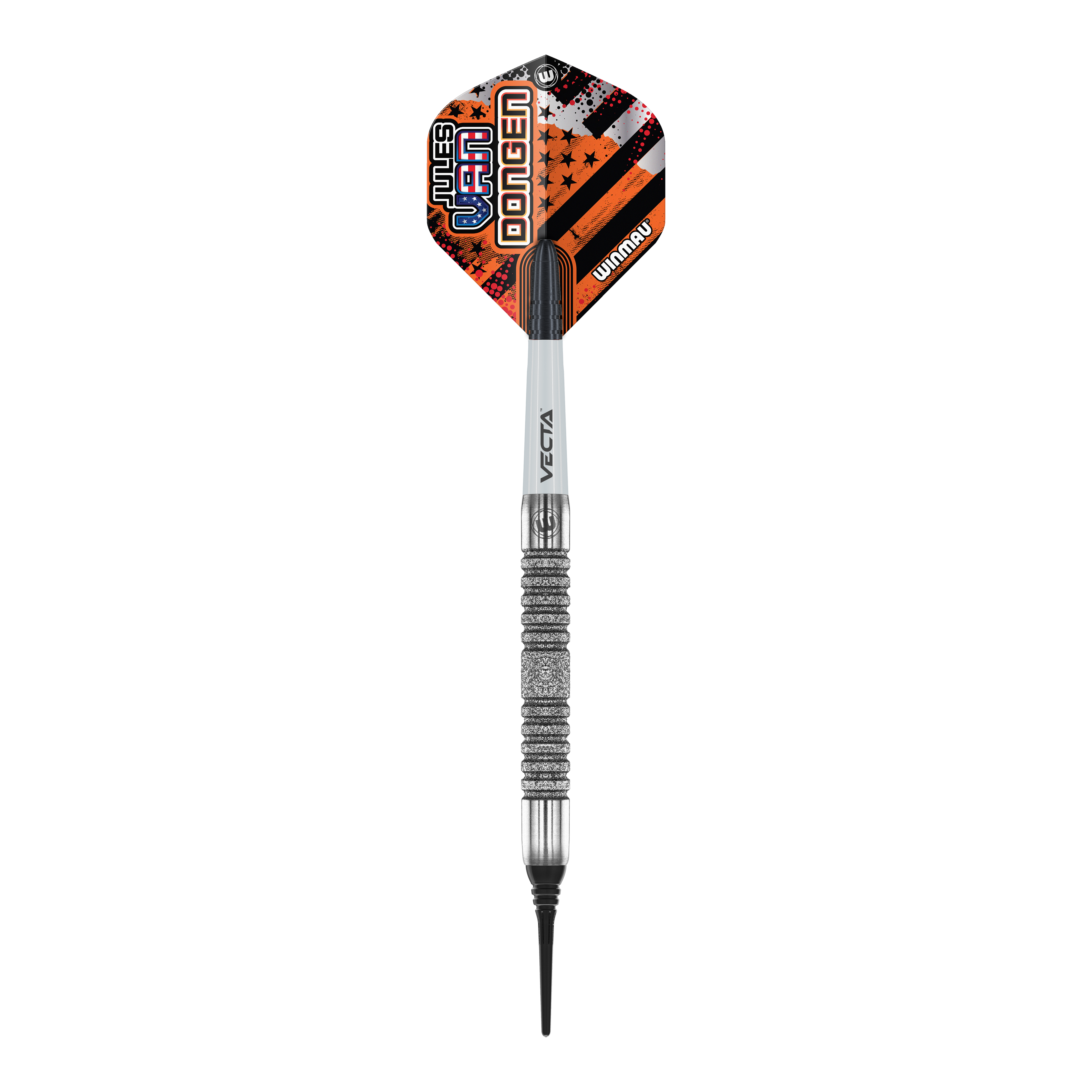 Dardos blandos Winmau Jules Van Dongen - 20g Das Bild zeigt einen Winmau Jules Van Dongen Softdart mit einem Gewicht von 20 Gramm. Der Dartpfeil hat ein auffälliges Flight-Design in Orange, Schwarz und Weiß mit dem Namen des Spielers darauf.