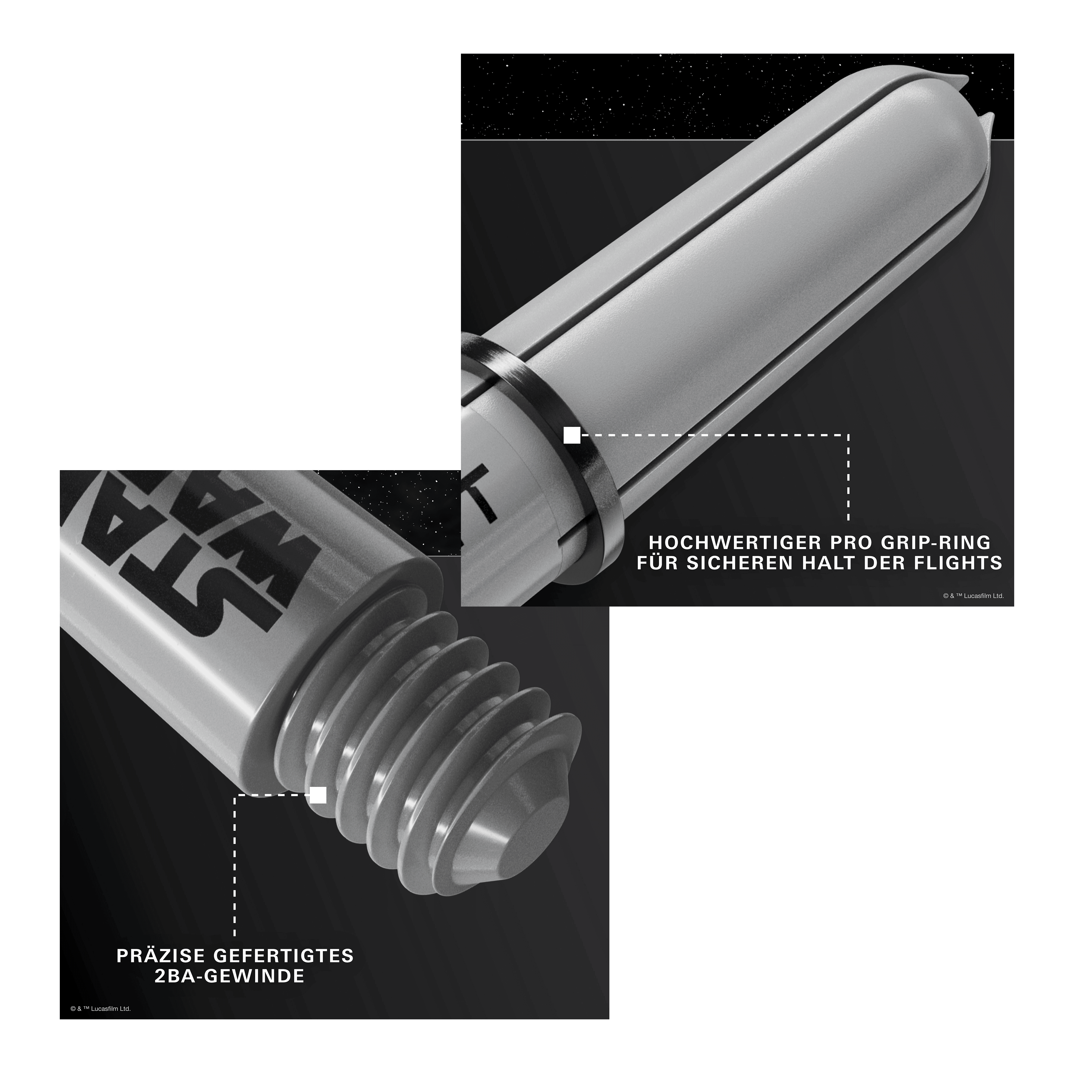 Násadky Target Star Wars ProGrip - šedé Gezeigt wird das Produkt Target Star Wars ProGrip Shafts - Grau. Die robusten Dartschäfte sind in Grau gehalten.