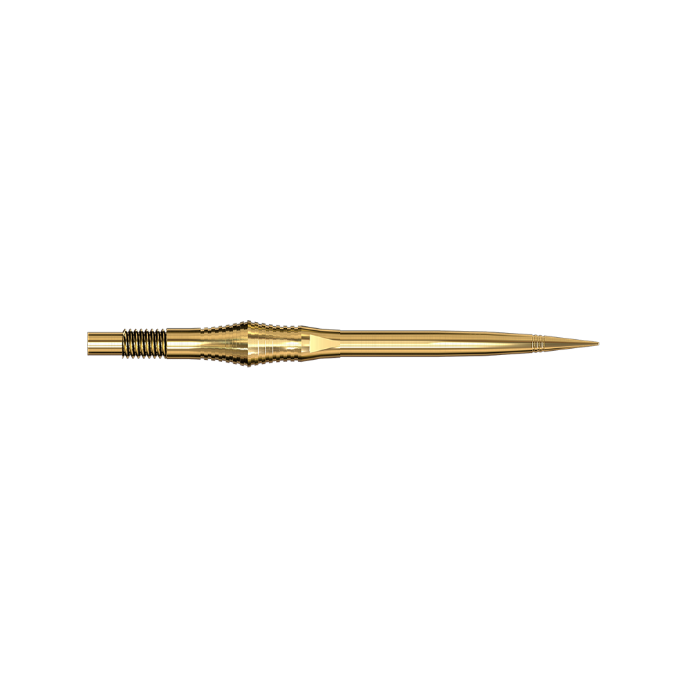 Spire Gold Elite Serie Dartspitzen in 35mm Länge sind abgebildet. Die Spitzen sind schmal und gold.