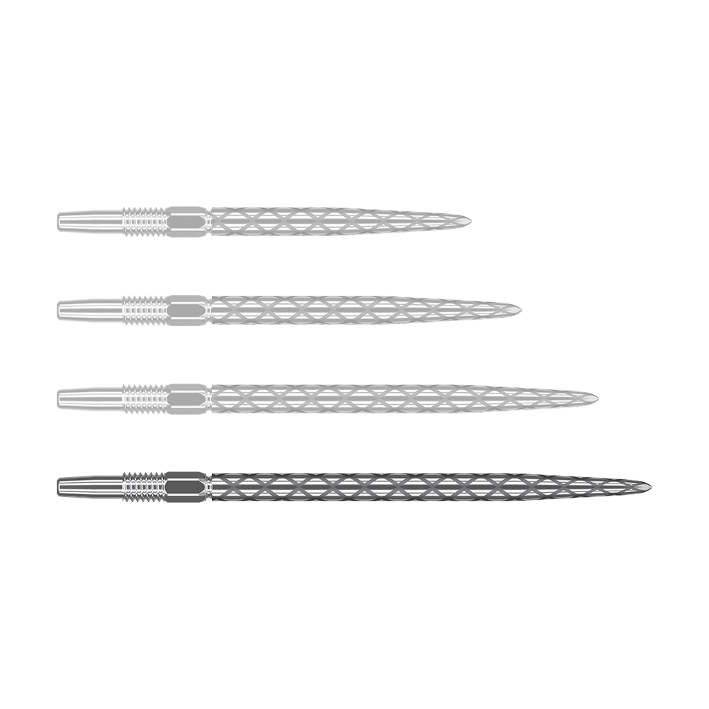 Target Swiss Diamond Pro Silver Points dart tips Auf dem Bild sind vier silberne Dartspitzen mit einem rautenförmigen Muster zu sehen. Sie liegen waagerecht und sind gleichmäßig angeordnet.