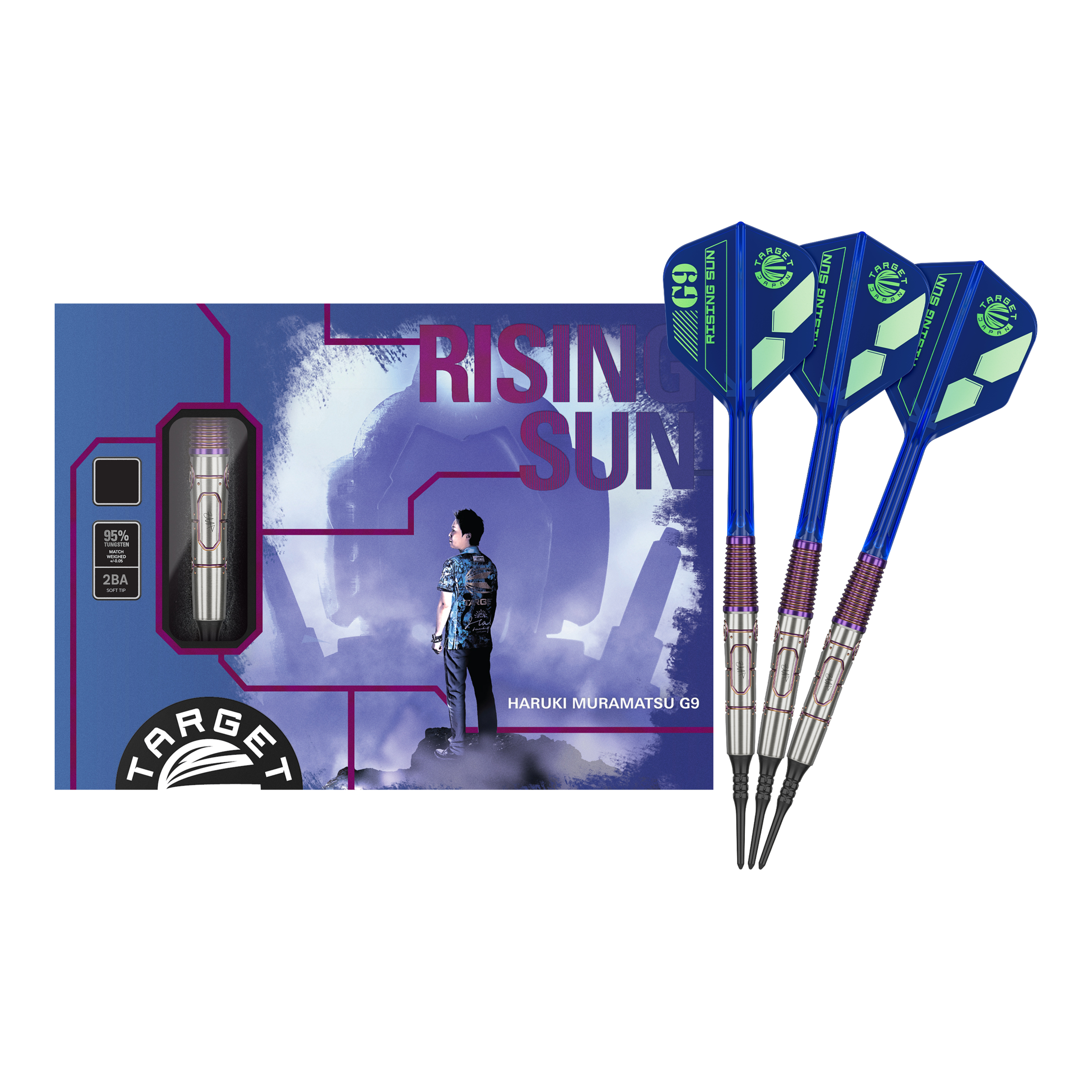 Dardos blandos Target Japan Haruki Muramatsu Rising Sun GEN9 2BA - 21,5 g Das Bild zeigt das Produkt "Target Japan Haruki Muramatsu Rising Sun GEN9 2BA Softdarts - 21,5g" mit einer farbigen Verpackung und drei blauen Softdarts. Auf der Verpackung ist eine Person abgebildet und der Schriftzug "Rising Sun" deutlich zu sehen.