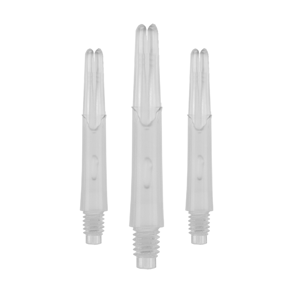 Arbres en L de style L verrouillés droits - Transparent Auf dem Bild sind drei transparente, gerade Dartschäfte aus Kunststoff zu sehen. Sie haben ein Gewinde am unteren Ende und sind ohne Kappen abgebildet.