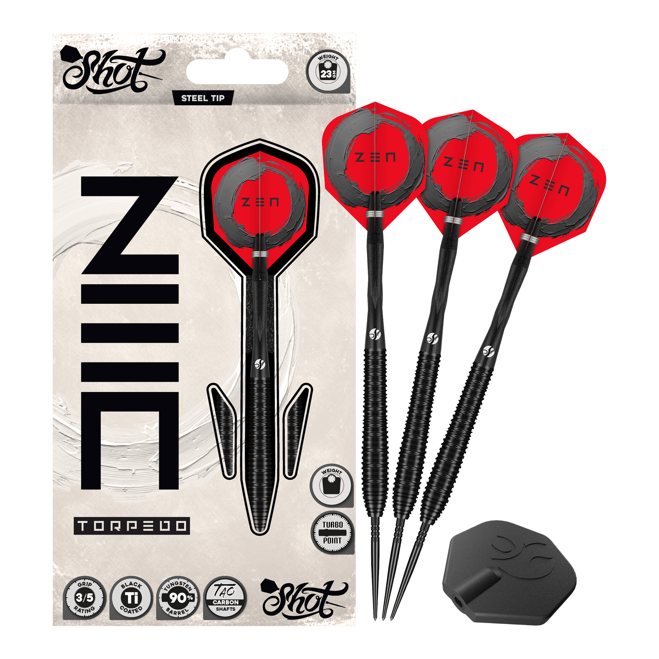 Shoty ZEN Torpedo Turbo Point Steel Darts - 23g Auf diesem Bild sieht man die Shot ZEN Torpedo Turbo Point Steeldarts mit 23g komplett. Das Design betont ihre hochwertige Verarbeitung.