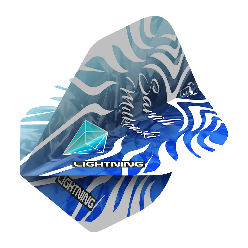 BL51231_Bulls_Lightning_Sarah_Milkowski_No2_Standard_Flights_2 Das Bild zeigt die Bulls Lightning Sarah Milkowski No2 Standard Flights. Die Flights haben ein blau-weißes Zebramuster mit dem Schriftzug „Sarah Milkowski“ und dem Wort „LIGHTNING“ darauf.