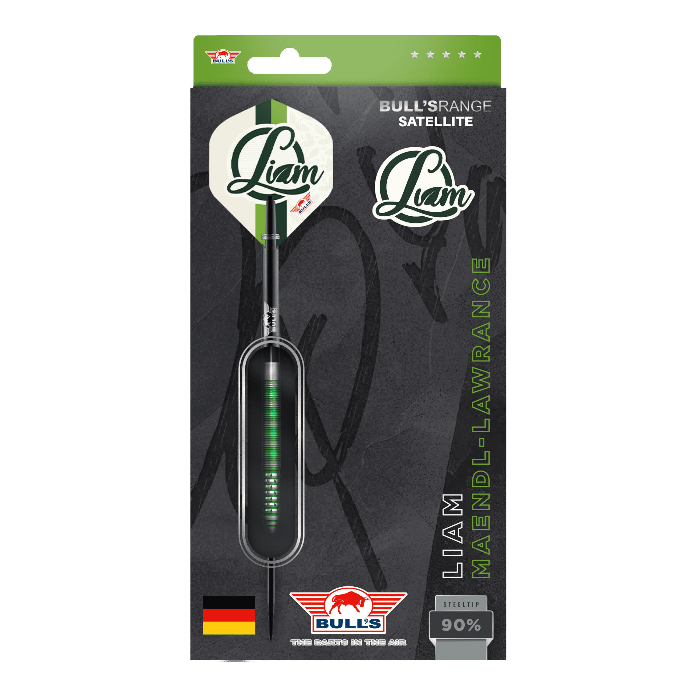 Dardos de acero Bulls NL Liam Maendl Lawrance - 23 g Das Bild zeigt die Verpackung der Bulls NL Liam Maendl Lawrance Steeldarts mit einem Gewicht von 23g. Das Design ist überwiegend schwarz und grün mit dem Namen „Liam“ und einer deutschen Flagge unten links.