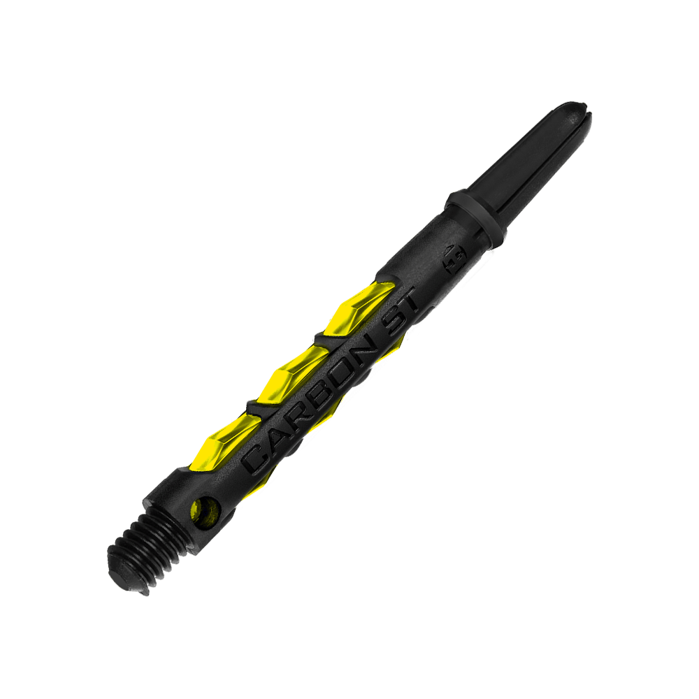 HR421_Harrows_Carbon_ST_Shafts_Gelb_47mm_2 Das Bild zeigt einen Harrows Carbon ST Shaft in der Farbe Gelb. Der Schaft ist schwarz mit gelben Akzenten und hat die Aufschrift "CARBON ST".