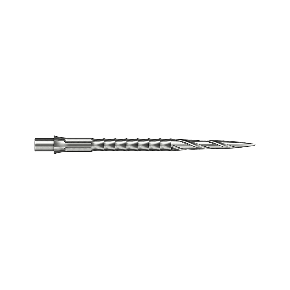 Zwei silberne Steeldartspitzen im Spiro NoLip Design sind zu sehen. Sie sind 36 mm lang und liegen nebeneinander.