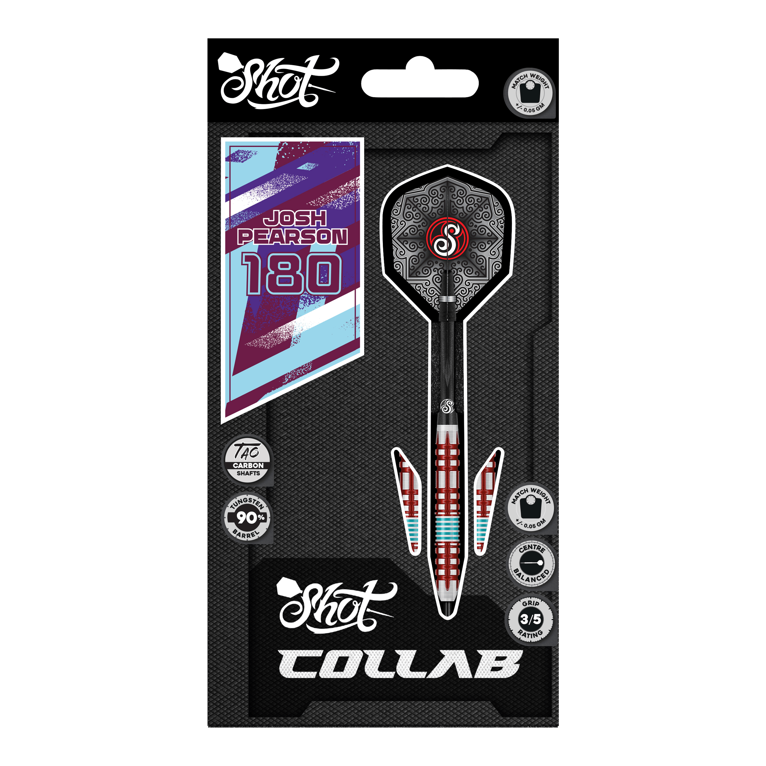 Dardos de acero Shot Collab Pro Series Josh Pearson - 23 g Auf dem Foto sind die Shot Collab Pro Series Josh Pearson Steeldarts - 23g zu sehen. Sie eignen sich ideal für professionelle Dartspieler.