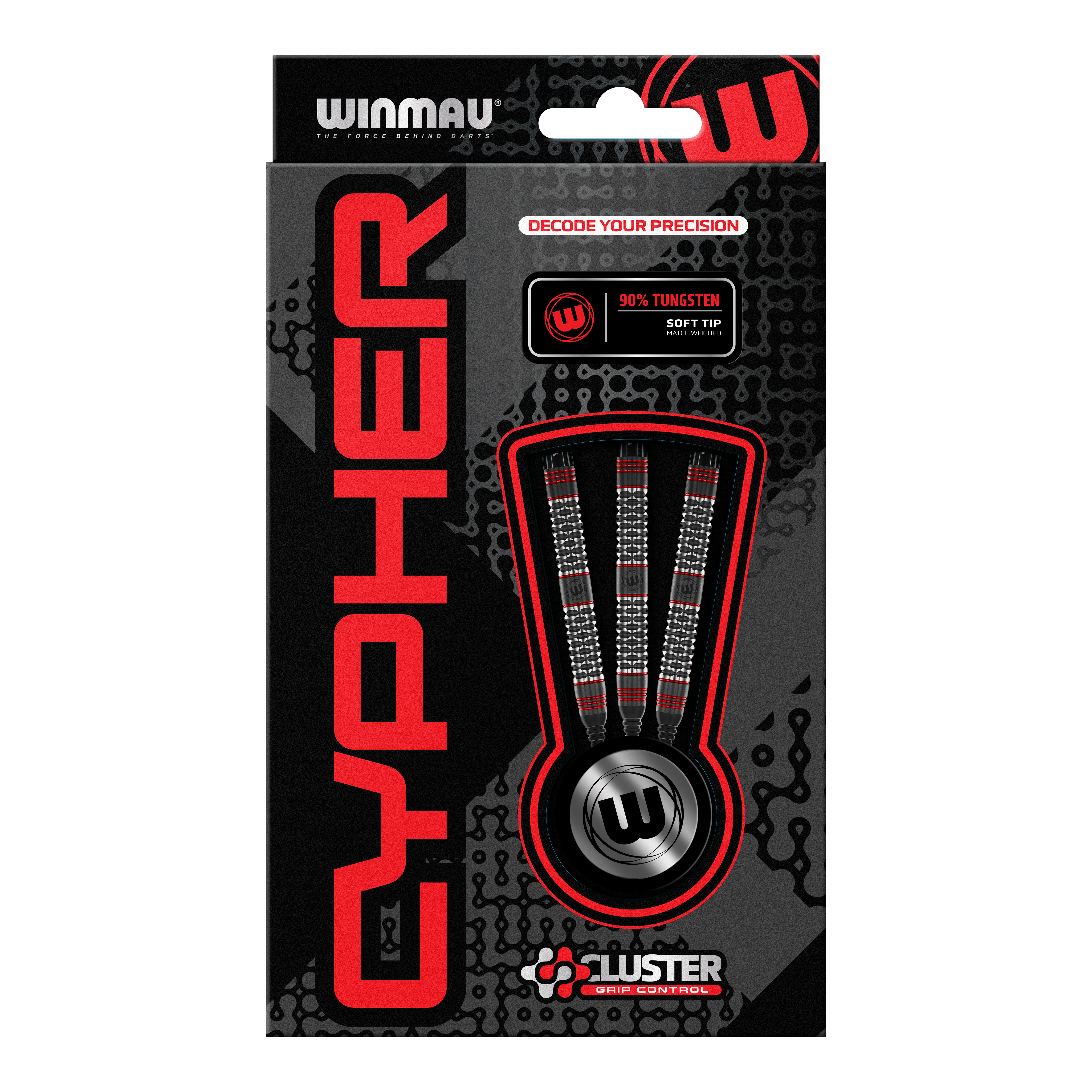 Dardos blandos Winmau Cypher - 20 g Die Abbildung zeigt die Verpackung der Winmau Cypher Softdarts mit 20 Gramm Gewicht. Die Darts bestehen zu 90% aus Wolfram und verfügen über spezielle Griffkontrolle.