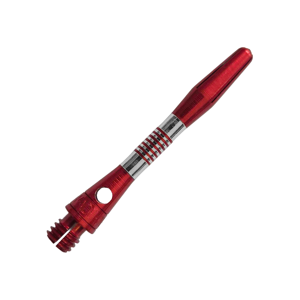 Gezeigt werden rote BullsNL Cetra Aluminium Shafts mit einer Länge von 34 mm. Das Produkt ist für das Dartspiel gedacht.