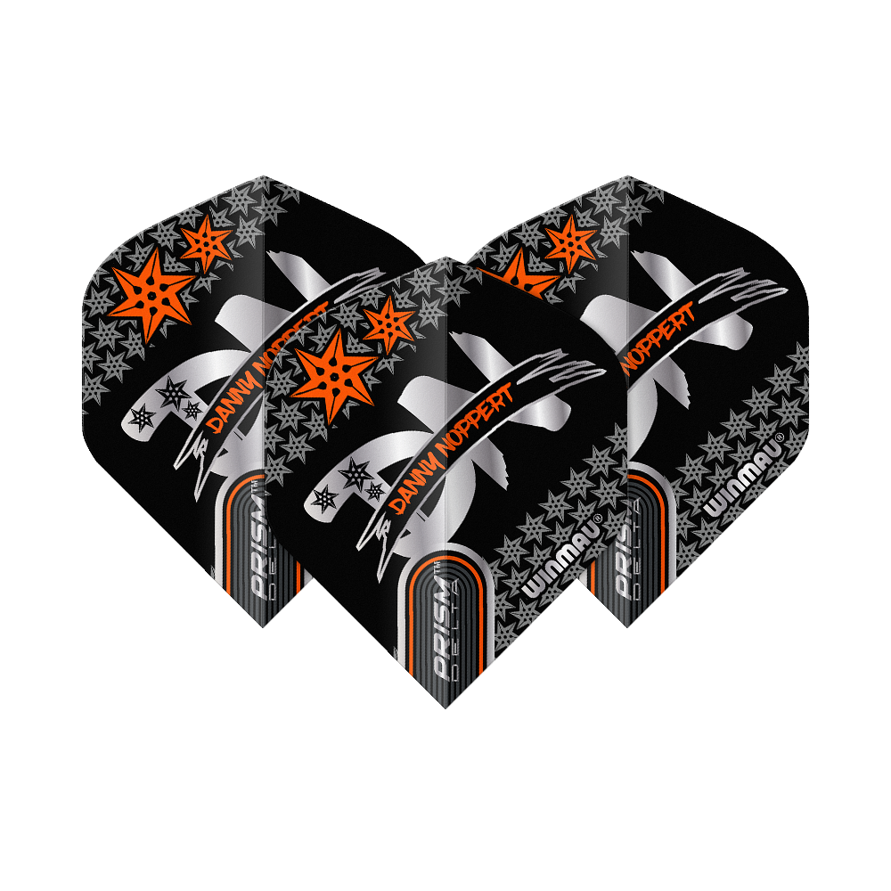 Letky Winmau Prism Delta Danny Noppert Black Signature No2 Standard Das Bild zeigt drei schwarze Dartflights mit dem Aufdruck „Danny Noppert“ in Orange. Die Flights sind von der Marke Winmau und tragen das Modell „Prism Delta Signature No2 Standard“.