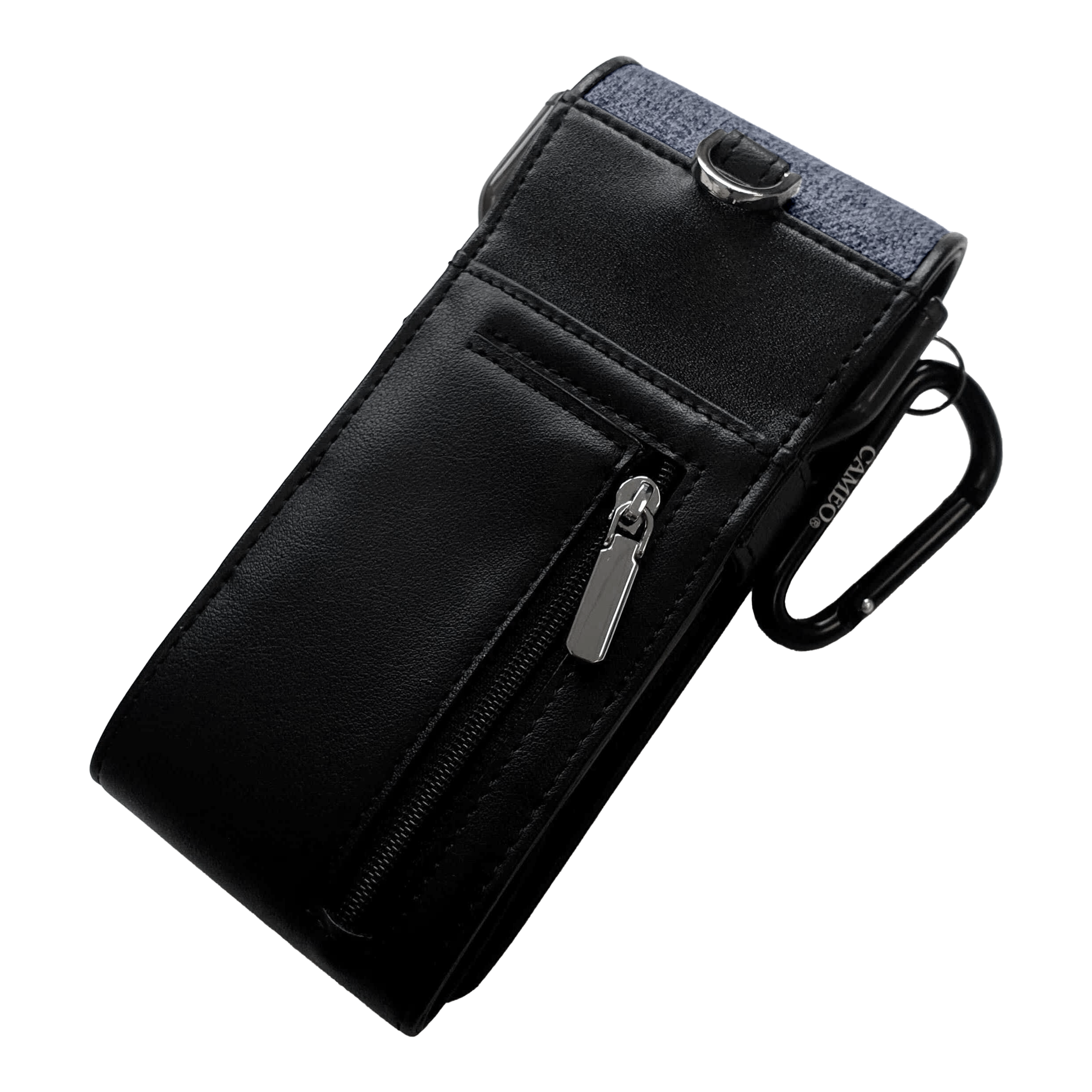 Custodia per freccette Cameo Thread Dies ist ein schwarzes Etui mit einem Reißverschlussfach auf der Vorderseite. Oben hat es einen blauen Stoffabschnitt und einen Metallclip zur Befestigung.