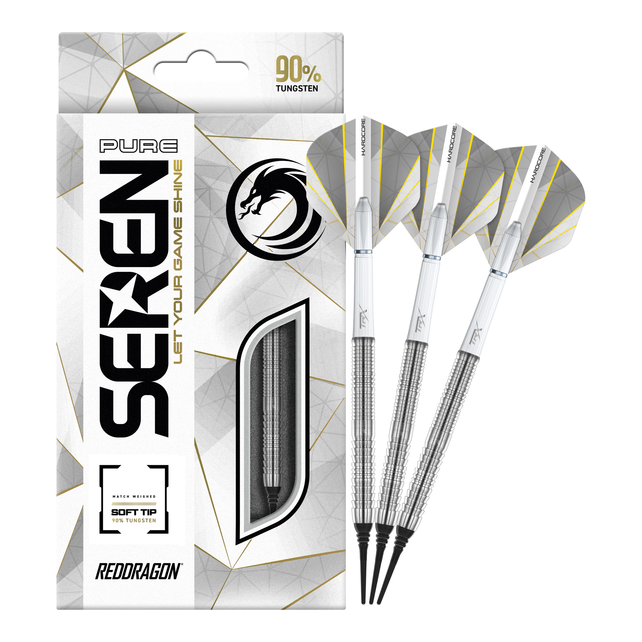 Šipky Red Dragon Seren 1 Pure Softdarts - 20g Die Abbildung zeigt die "Red Dragon Seren 1 Pure Softdarts - 20g" mit drei silbernen Softdarts. Die Verpackung hebt hervor, dass die Darts zu 90 % aus Tungsten bestehen.