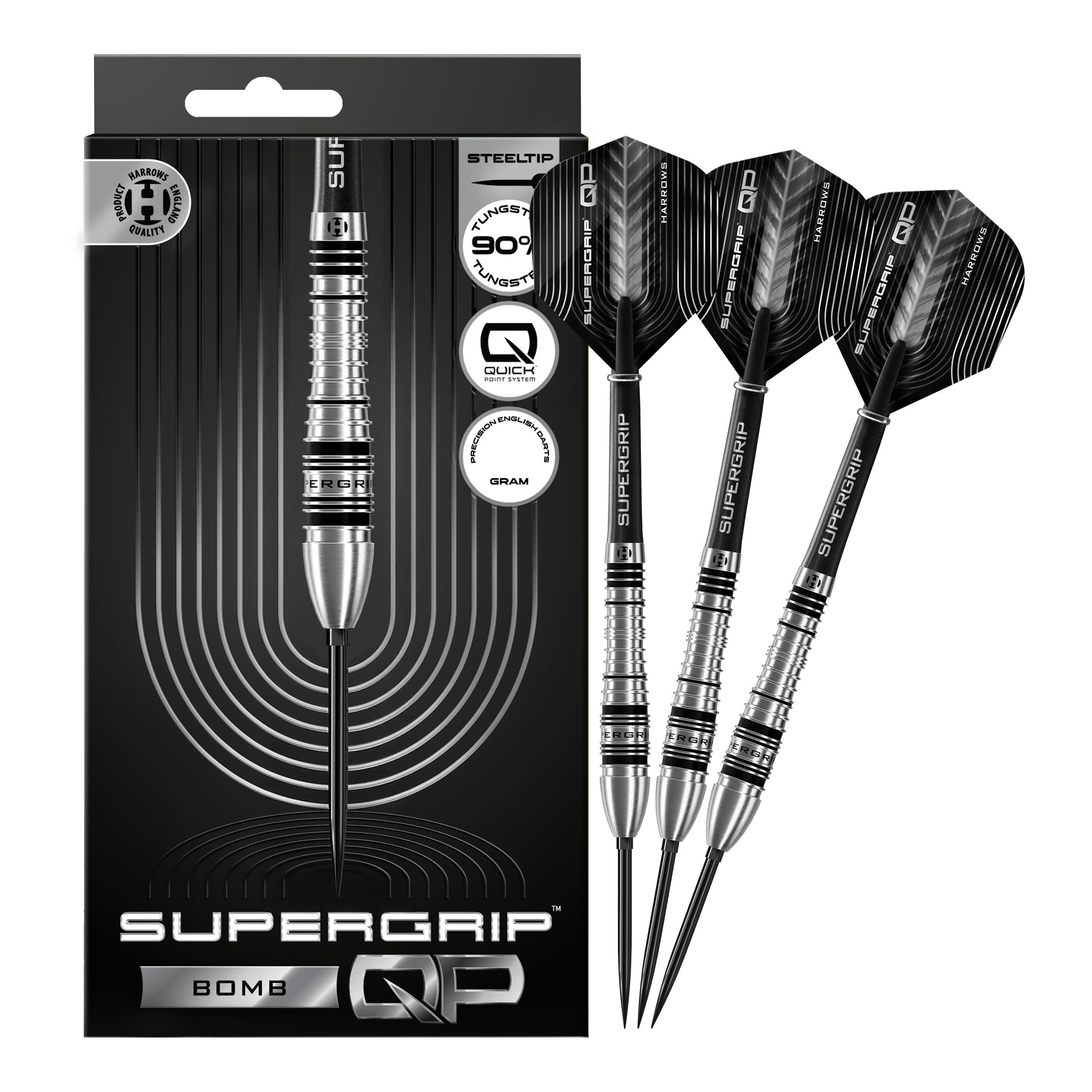 Dardos de acero Harrows Supergrip Bomb Quick Point Abgebildet sind die Harrows Supergrip Bomb Quick Point Steeldarts in voller Länge. Sie eignen sich ideal für ambitionierte Dartspieler.