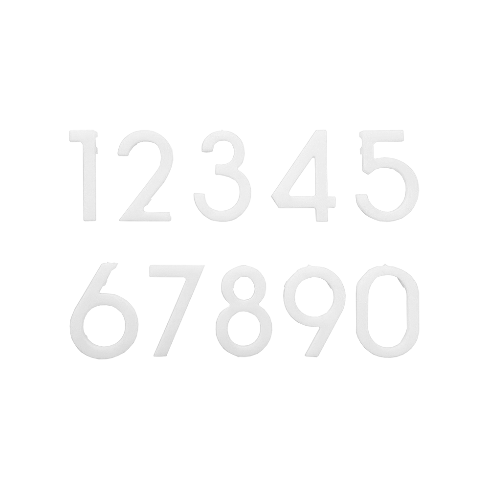 Numeri di ricambio per il bersaglio McDart Das Bild zeigt weiße Ersatznummern von 0 bis 9 für eine Dartscheibe. Die Zahlen sind nebeneinander in zwei Reihen angeordnet.