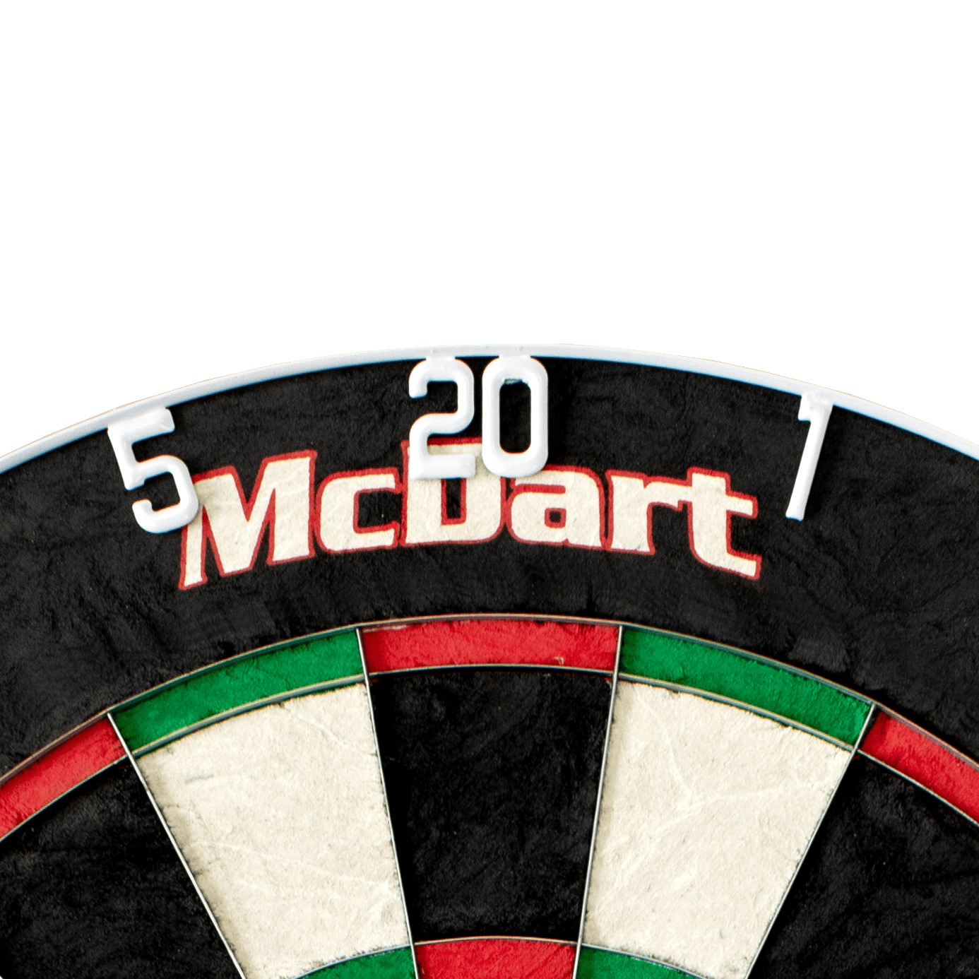 65008_McDart_Scopus_Master_HD-Zahlenring_3 Das Bild zeigt einen Ausschnitt eines Dartboards mit dem Produktnamen "McDart Master HD-Zahlenring / Nummernring" gut sichtbar. Die Zahlenringe 5, 20 und 1 sind oben am Dartboard angebracht.