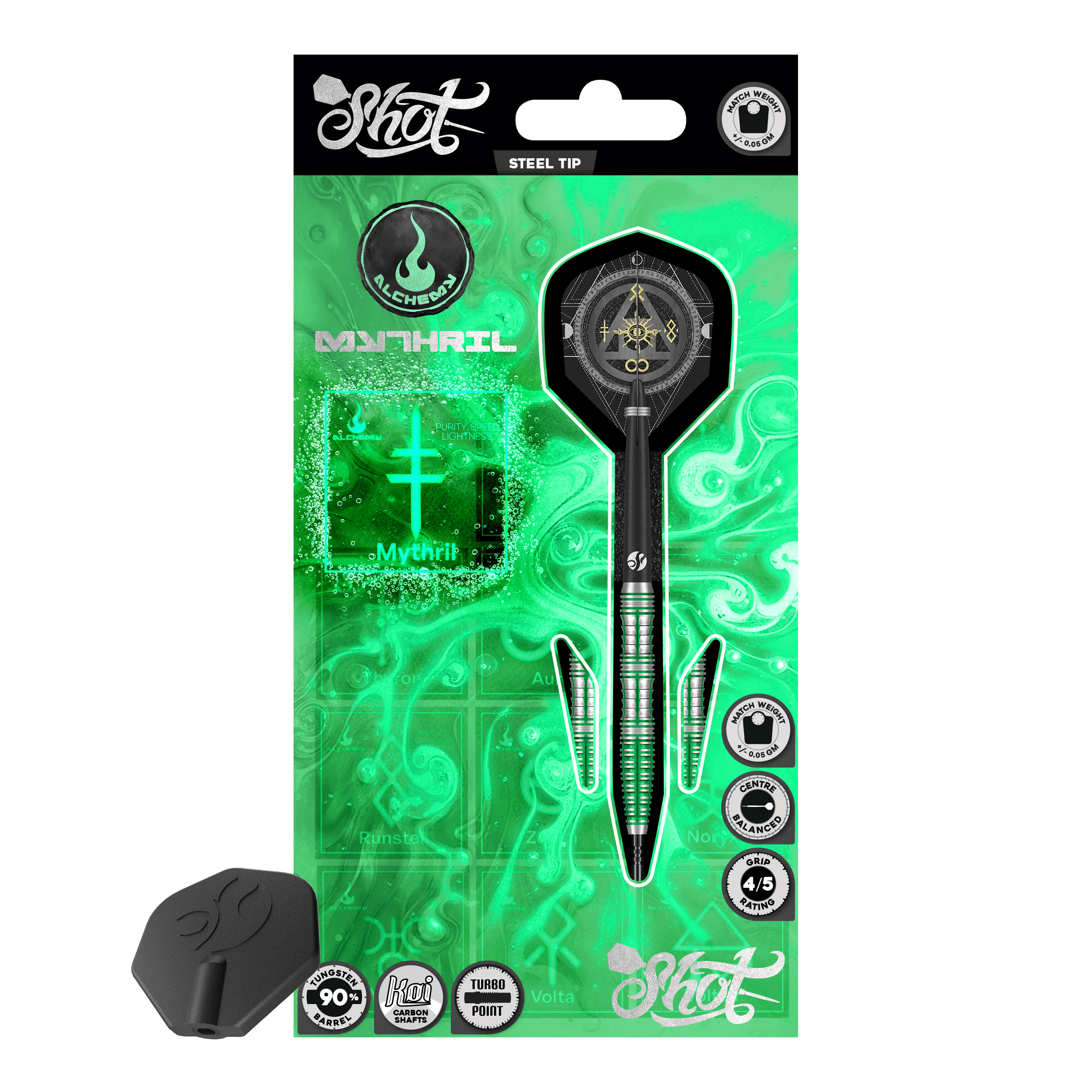Shot Alchemy Mythril Turbo Point Steeldarts Das Bild zeigt ein Set Shot Alchemy Mythril TurboPoints Steeldarts. Die Darts haben eine strukturierte Oberfläche.