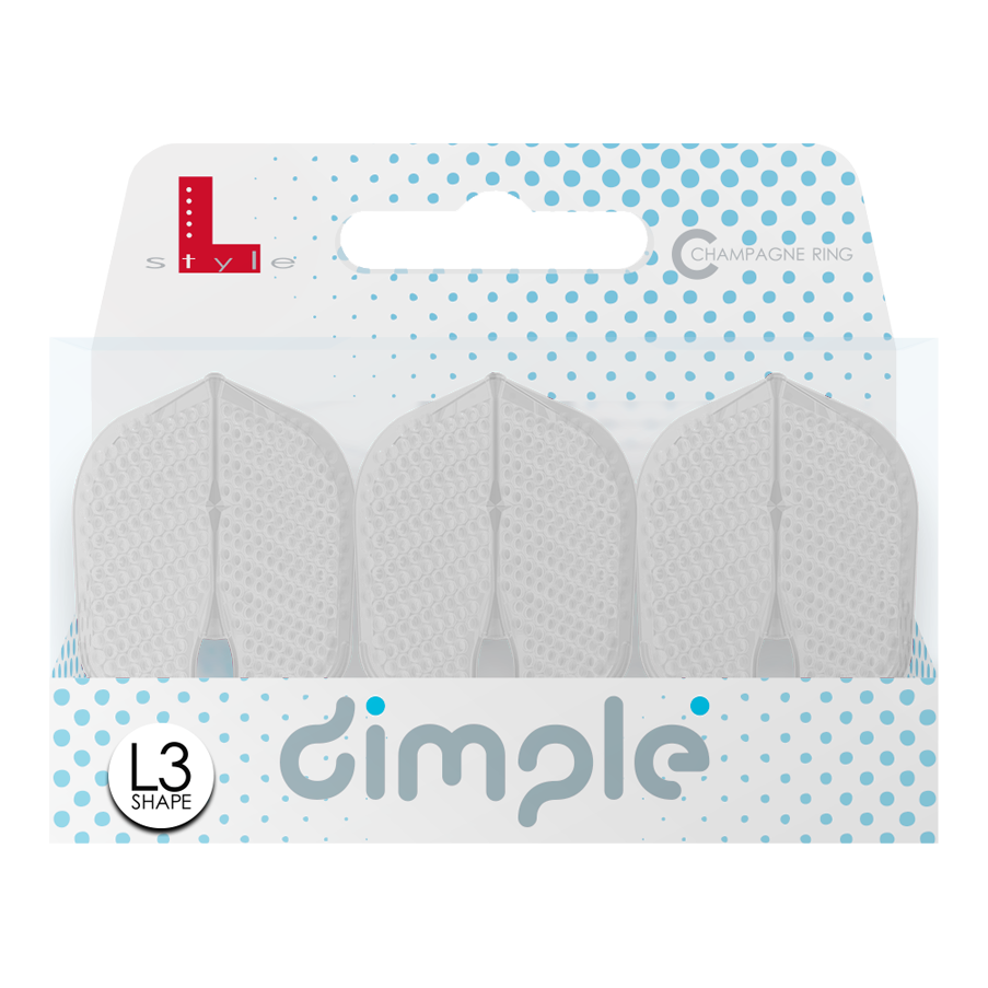 L-Style Flights Dimple Champagne L3PRO Shape Das Bild zeigt eine Packung mit drei L-Style Flights Dimple Champagne L3PRO Shape. Die Verpackung ist weiß-blau und trägt den Schriftzug "dimple" sowie das L3 Shape-Logo.