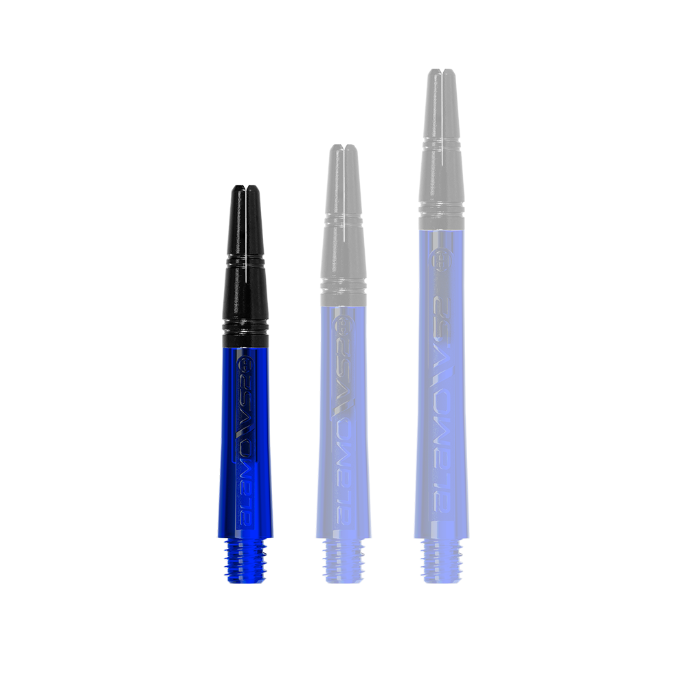 Alberi Alamo VS2 di Harrow - Blu Auf dem Bild sind drei blaue Dartschäfte in unterschiedlichen Längen zu sehen. Die Schäfte haben jeweils ein schwarzes Oberteil und einen Schraubgewinde am unteren Ende.