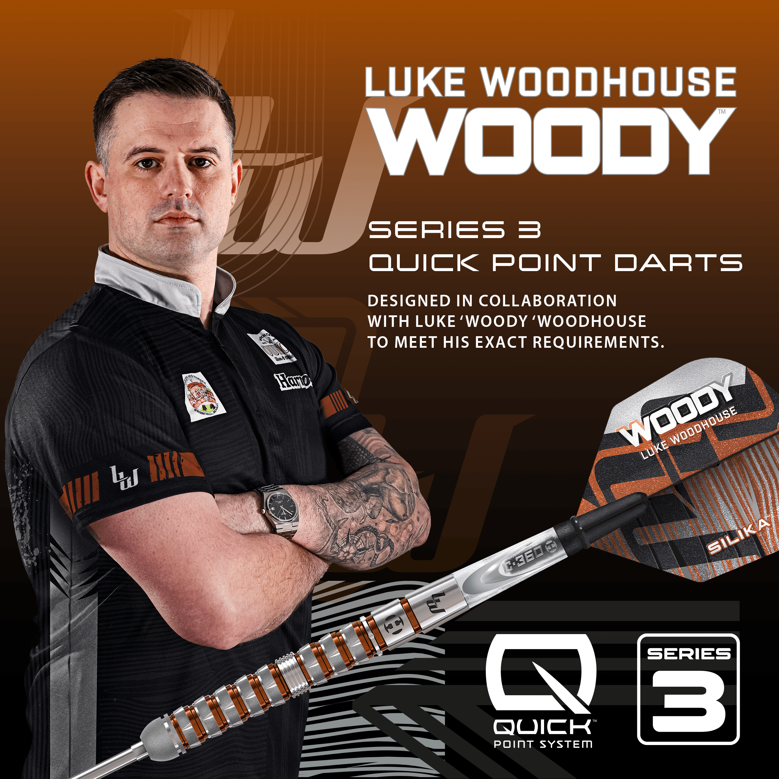Dardos de acero Harrow Luke Woodhouse Serie 3 Quick Point Auf dem Bild befindet sich Harrows Luke Woodhouse Series 3 Quick Point Steeldarts. Es handelt sich um eine hochwertige Steeldart-Serie.