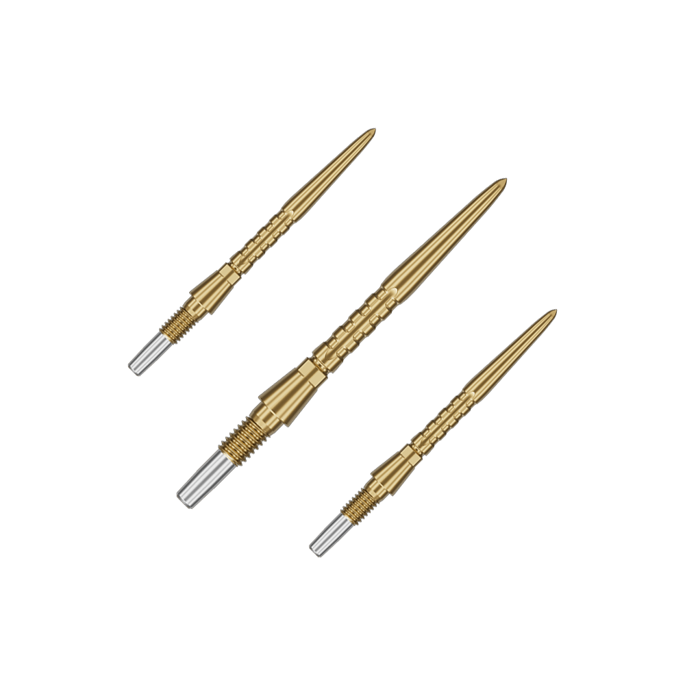 Stalowe groty do rzutek Target Swiss Point Storm Surge – złote Auf dem Bild sind drei goldene Steeldartspitzen zu sehen. Sie haben ein schlankes, geriffeltes Design mit einem silbernen Schraubgewinde am Ende.