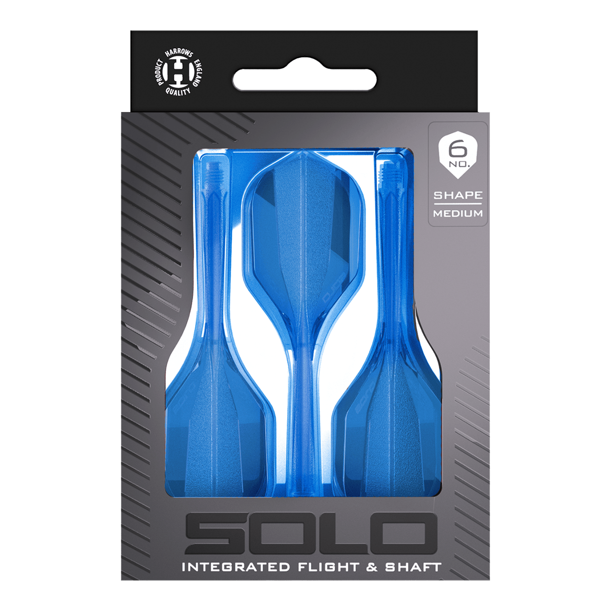 Zu sehen ist das Harrows Solo No6 Flight-Shaft-System in Blau. Das Produkt wird aus einer bestimmten Perspektive gezeigt.