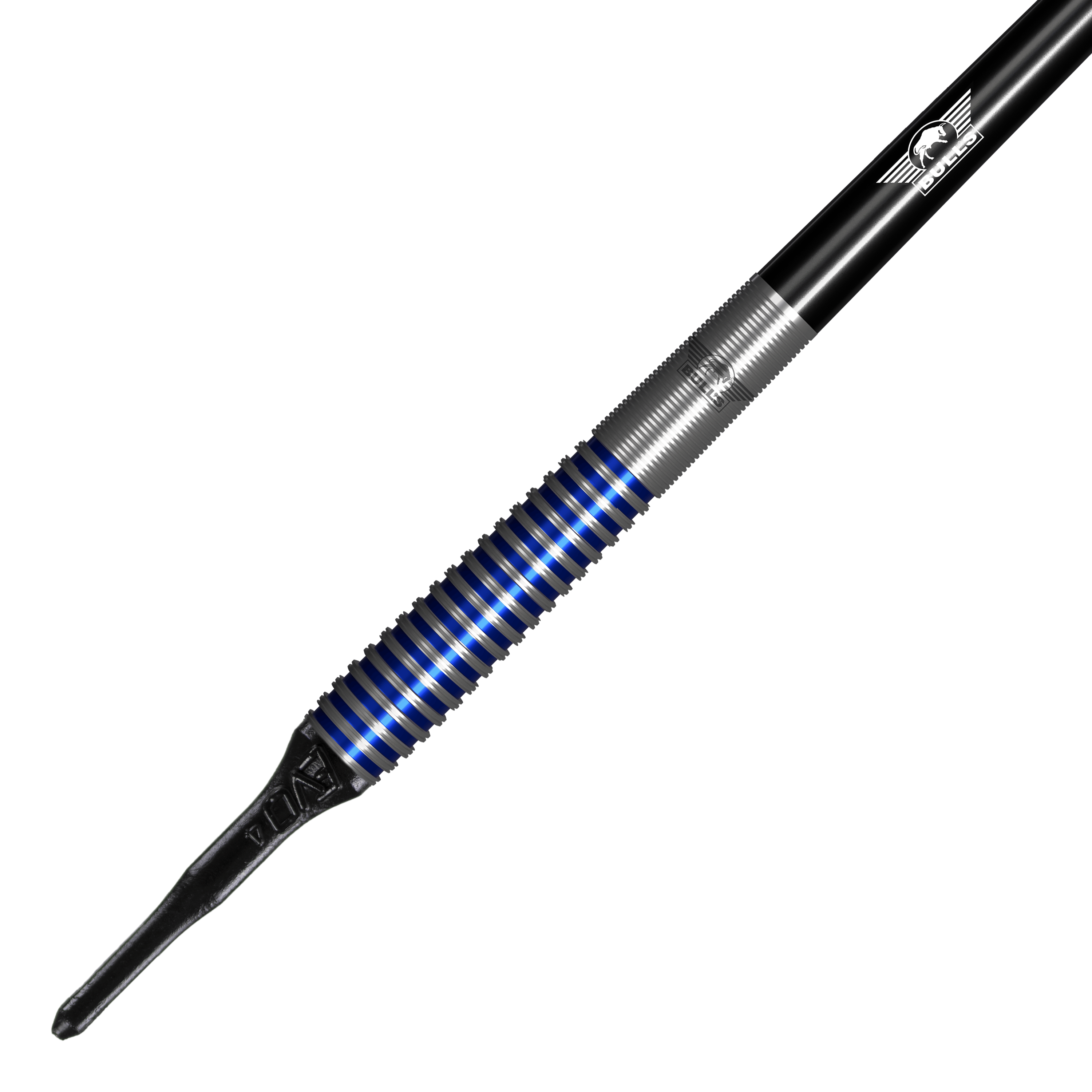 Bulls NL Romeo Grbavac Softdarts- 19g Das Bild zeigt einen Bulls NL Romeo Grbavac Softdart mit einem Gewicht von 19 Gramm. Der Dart hat ein silbernes Griffstück mit blauen Ringen und eine schwarze Spitze.
