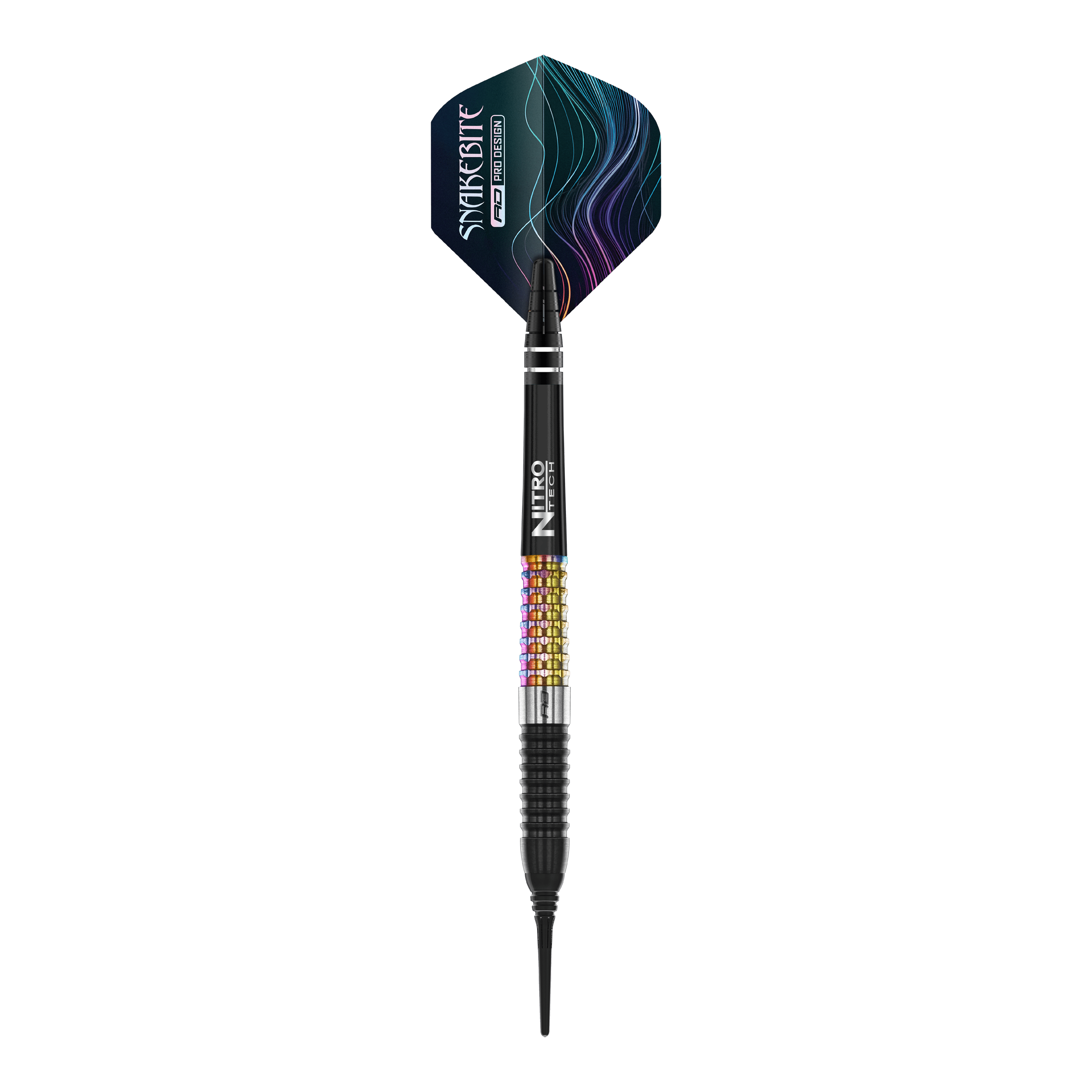 Red Dragon Peter Wright Corra Soft Darts - 18g Das Bild zeigt einen Red Dragon Peter Wright Corra Softdart mit einem Gewicht von 18 Gramm. Der Dart hat bunte Griffbereiche und einen schwarz-blauen Flight mit dem Aufdruck "Snakesbite".