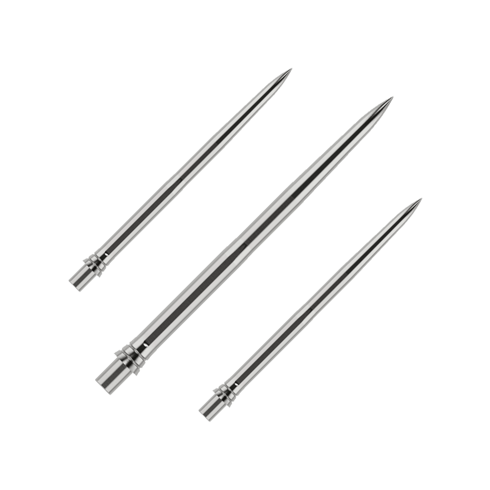 Auf dem Bild sind silberne Dartspitzen in einem Set zu sehen, jeweils 32mm lang. Die Oberfläche der Spitzen ist glatt und sie werden zusammen präsentiert.