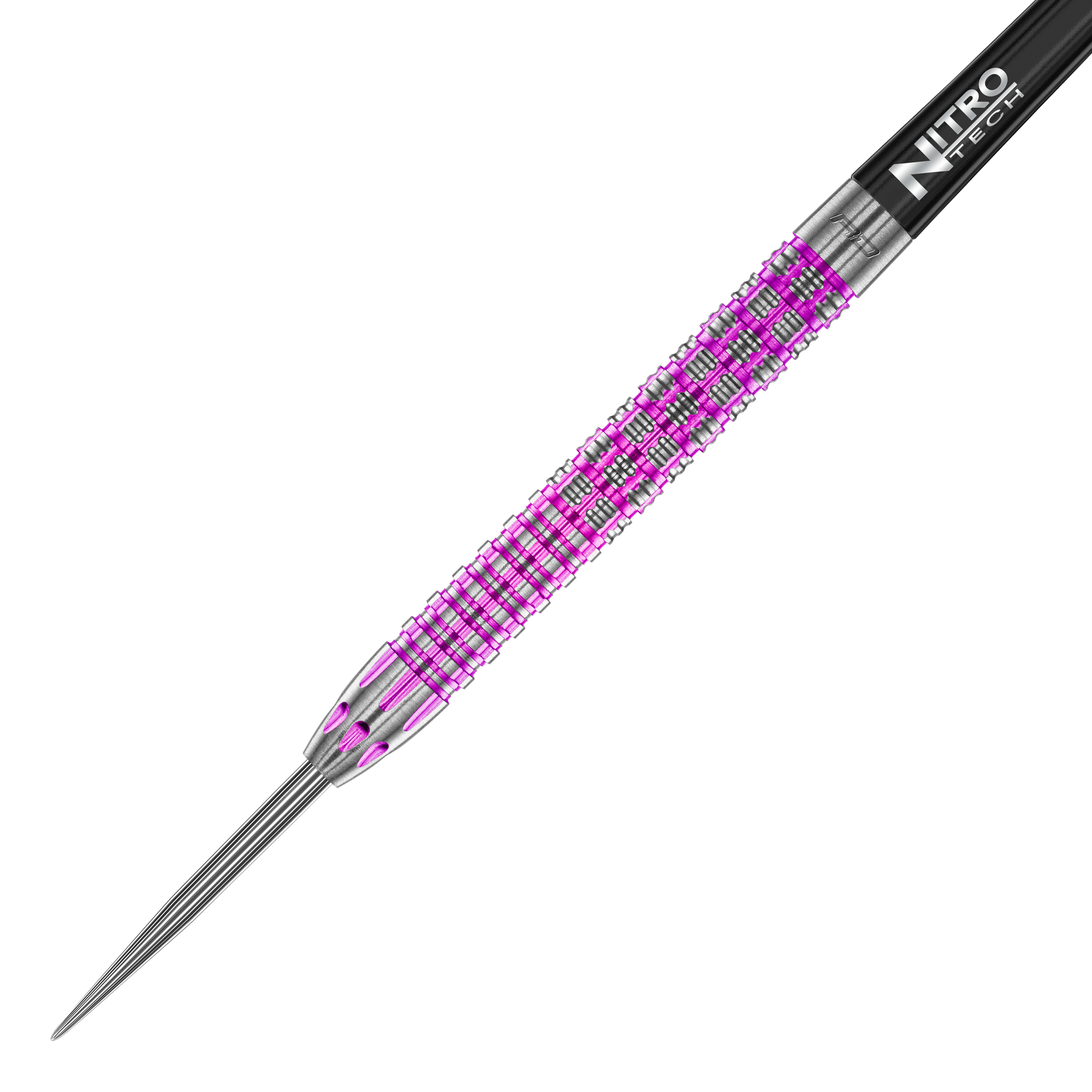 Dardos de acero de Tyrian del Red Dragon Das Bild zeigt einen Red Dragon Tyrian Steeldart mit auffälligen lila und silbernen Mustern. Der Dart hat eine präzise gearbeitete Metallspitze und einen Nitro Tech Schaft.