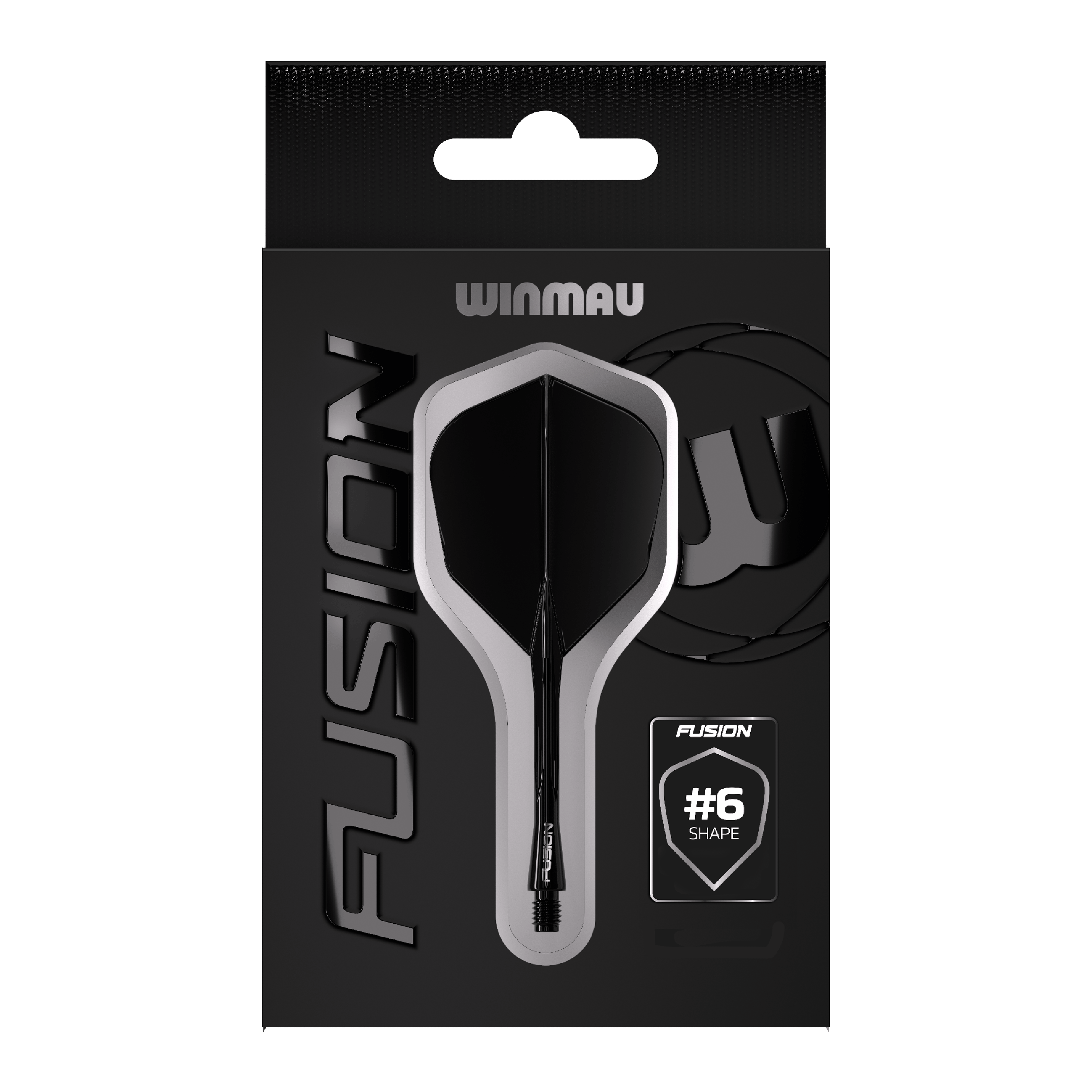 Systém letky Winmau Fusion č. 6, černá Das Bild zeigt eine Verpackung des Winmau Fusion Flight Shaft Systems in Schwarz. Auf der Verpackung steht, dass es sich um die Form Nummer 6 handelt.
