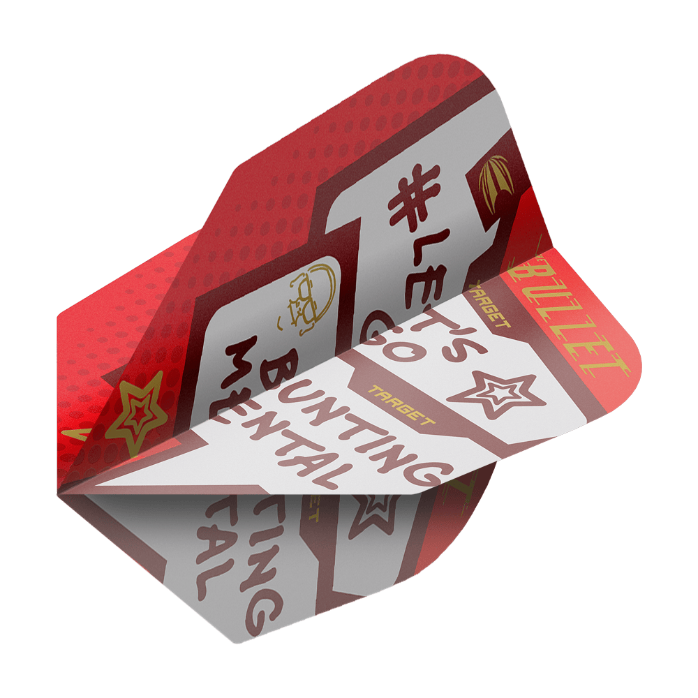 Letky Target Pro Ultra Stephen Bunting Mental No6 - 3 sady Das Bild zeigt ein Set von Target Pro Ultra Stephen Bunting Mental No6 Flights für Dartpfeile. Die Flights sind rot-weiß gestaltet und mit motivierenden Sprüchen und Sternen verziert.