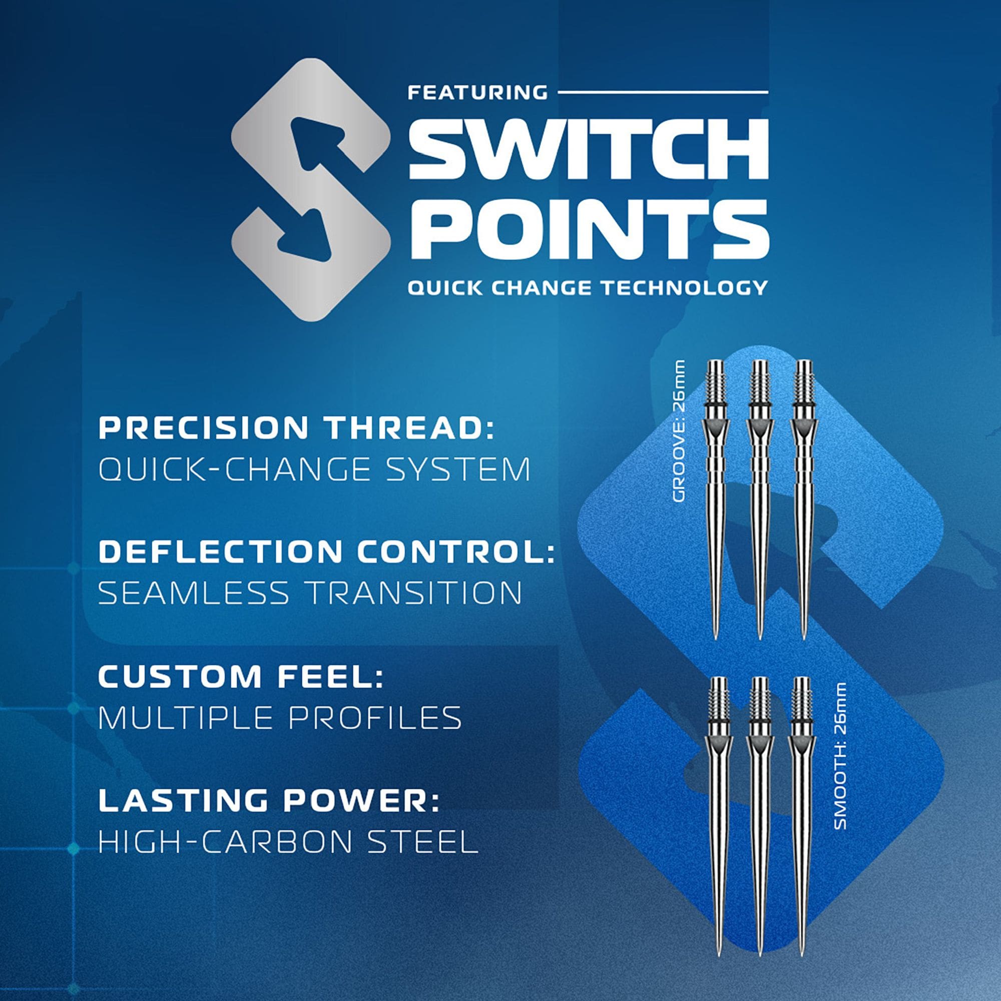 Steeldarts Winmau Lunaris Tapered Switch Point Das Bild zeigt die Winmau Lunaris Tapered Switch Point Steeldarts. Die Darts haben ein modernes Design und sind für präzises Spielen entwickelt.
