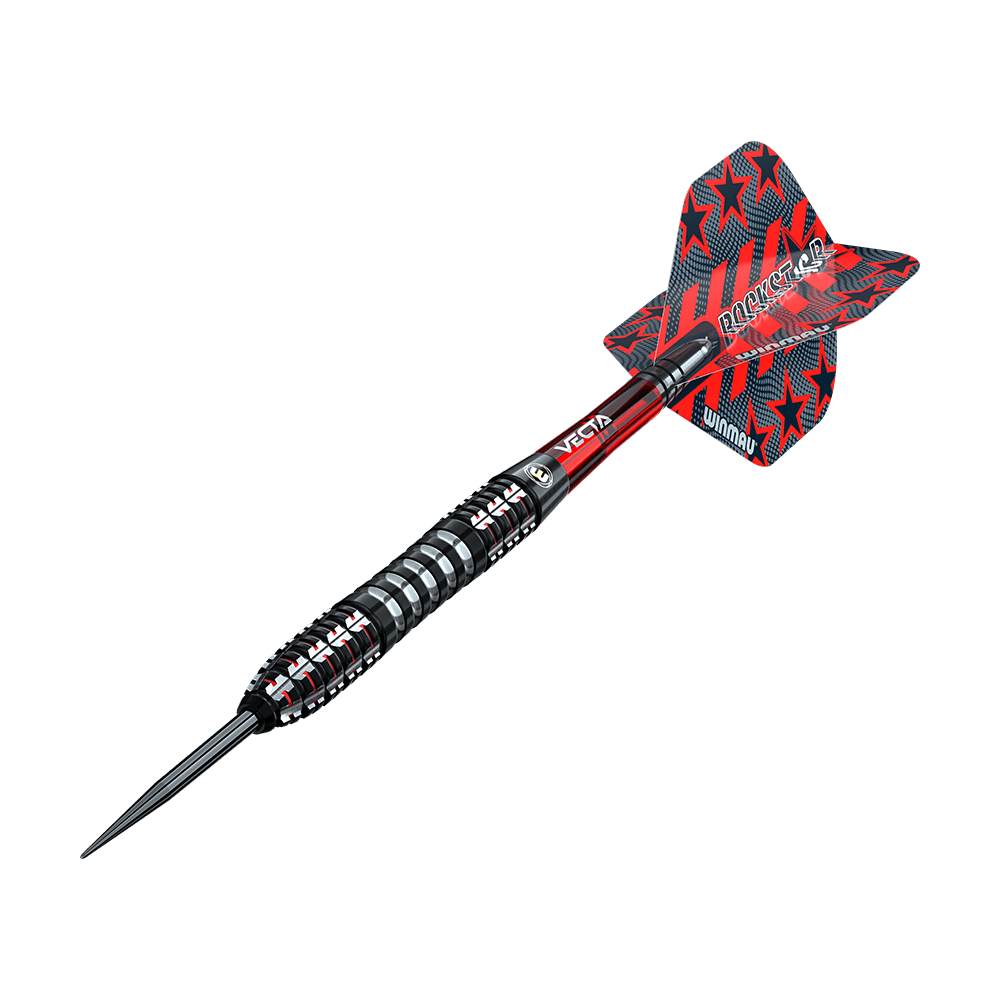 1483_Winmau_Joe_Cullen_Ignition_Series_Steeldarts_4 Dies ist ein moderner Steeldartpfeil mit einem schwarzen und silbernen Griff. Die Flights sind rot und schwarz mit Sternenmuster und der Aufschrift „ROCKSTAR“.
