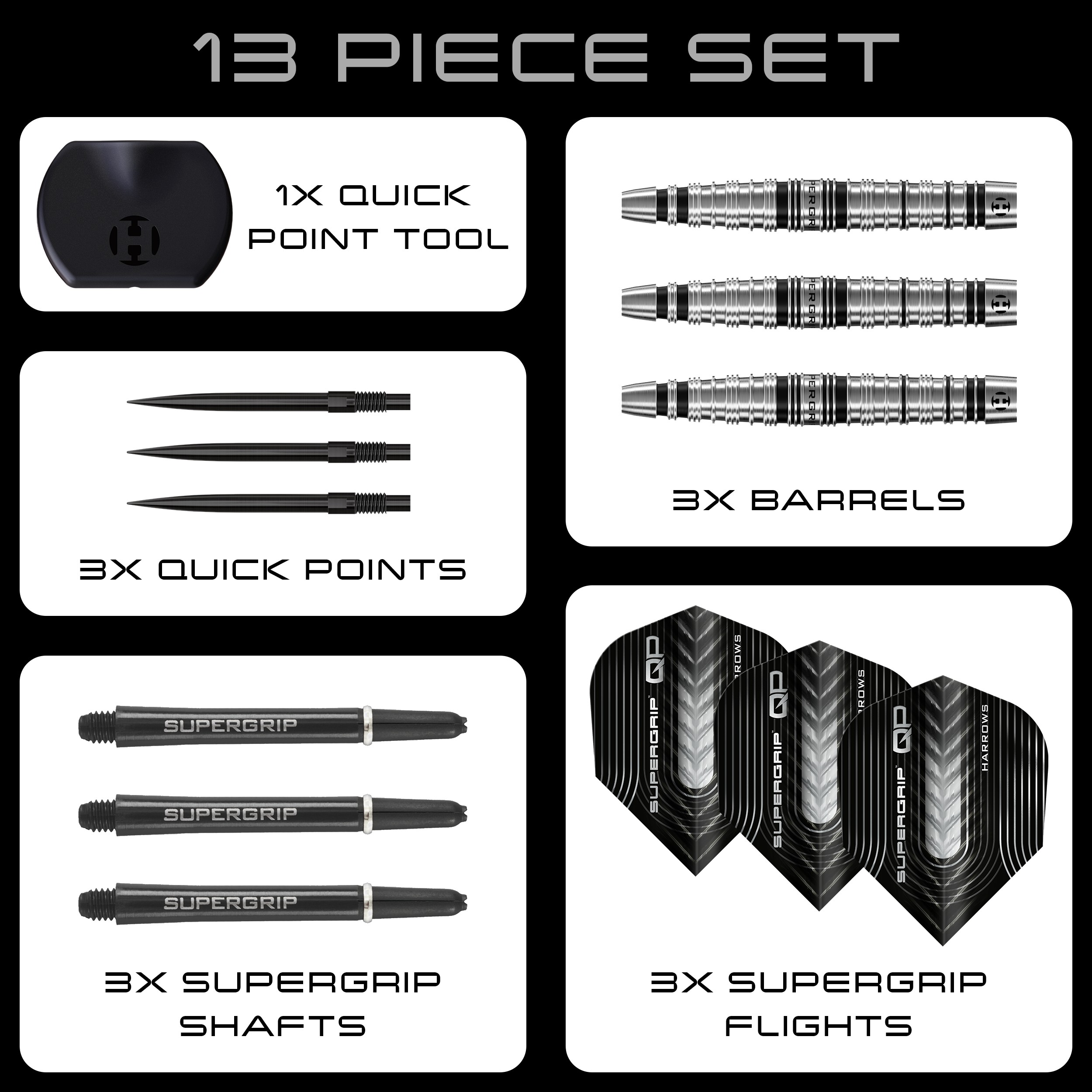 Dardos de acero Harrows Supergrip Torpedo Quick Point Harrows Supergrip Torpedo Quick Point Steeldarts sind auf dem Bild zu sehen. Eine Detailansicht hebt den Produktbereich hervor.