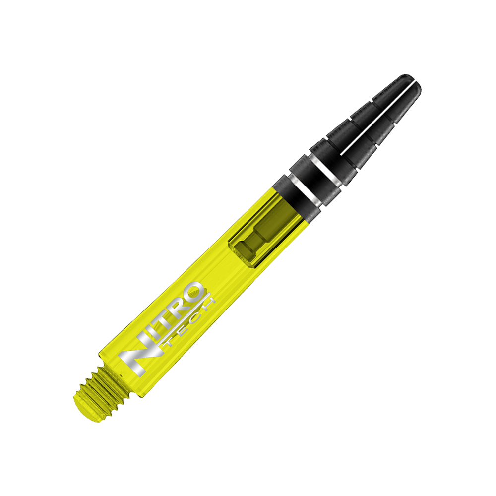 C706_Red_Dragon_Nitrotech_Shafts_Gelb_36mm_2 Das Bild zeigt einen gelben Dart-Schaft mit der Aufschrift "NITRO TECH". Der Schaft hat ein schwarzes Ende mit silbernen Ringen.