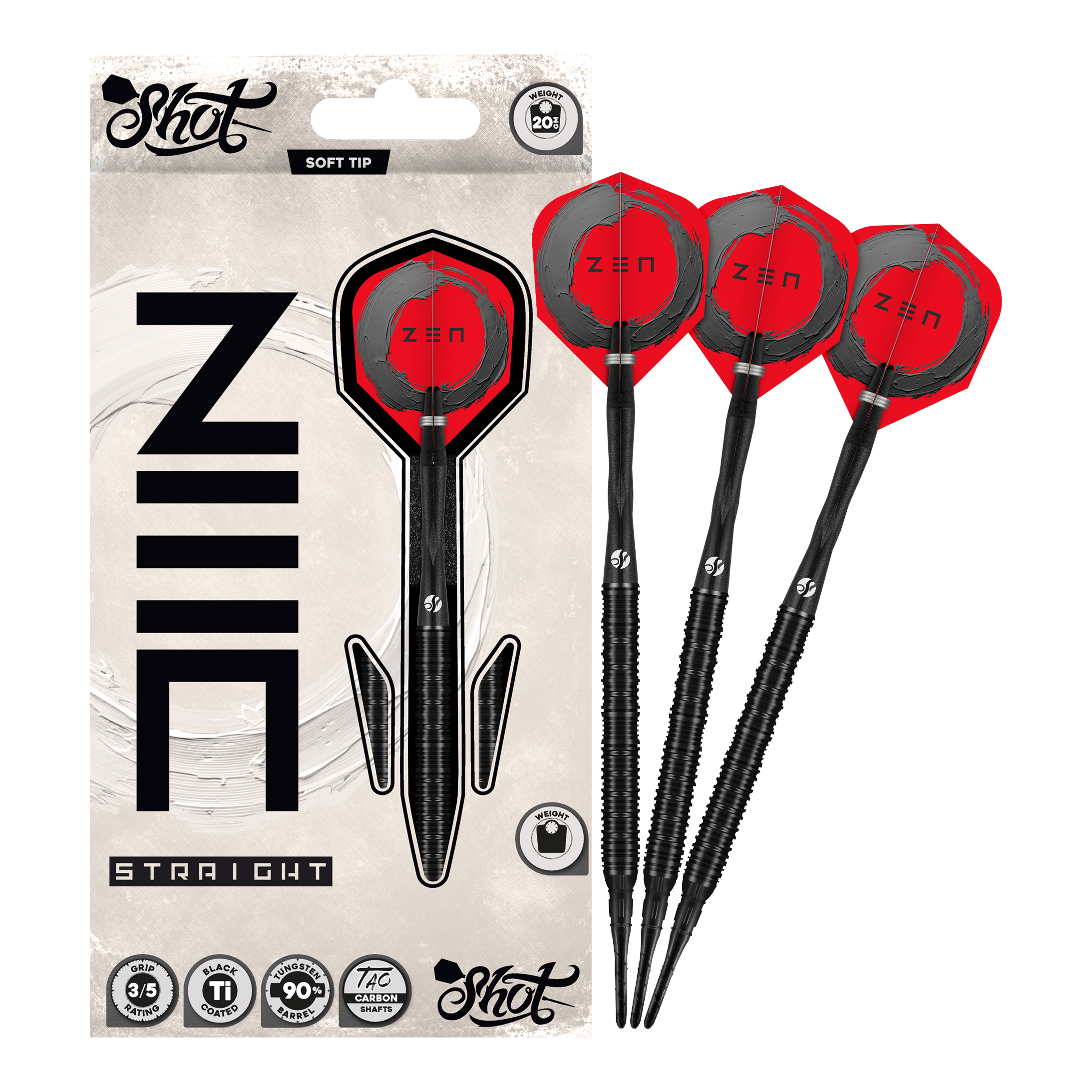 Shot ZEN Straight Softdarts - 20g Hier sieht man die Shot ZEN Straight Softdarts mit 20 Gramm Gewicht. Sie sind speziell für Softdartspieler konzipiert.