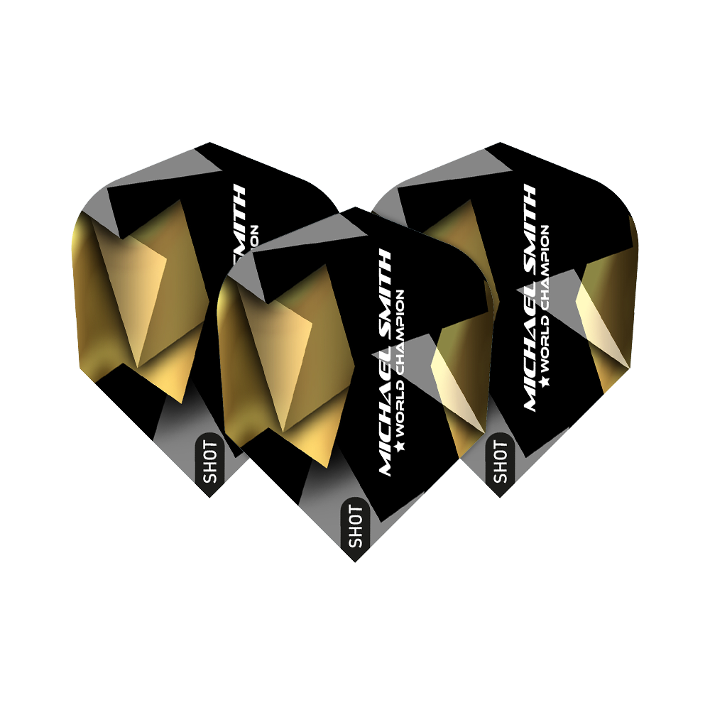 Shot Michael Smith Believe No6 Flights Das Bild zeigt drei schwarze Dart-Flights mit goldenen und silbernen Akzenten. Auf den Flights steht "MICHAEL SMITH ★ WORLD CHAMPION" und unten das Wort "SHOT".