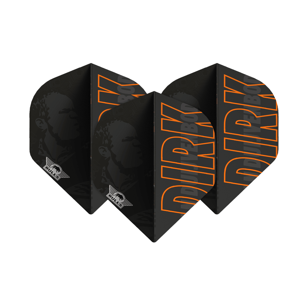 Bulls NL Player 100 Dirk Van Duijvenbode No2 Voli standard Das Bild zeigt schwarze Dartflights mit dem Namen "DIRK" in großen orangefarbenen Buchstaben. Auf den Flights ist außerdem das Logo von Bulls und ein Porträt im Hintergrund zu sehen.