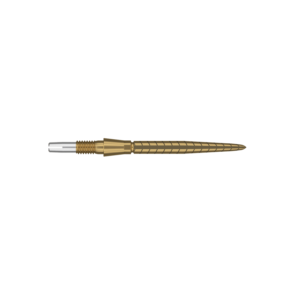 Target Swiss Storm Quartz Dartspitzen - Gold Dies ist eine goldfarbene Dartspitze mit feinen Rillen und Linien. Sie hat ein schlankes, präzises Design und eine silberne Spitze am Ende.