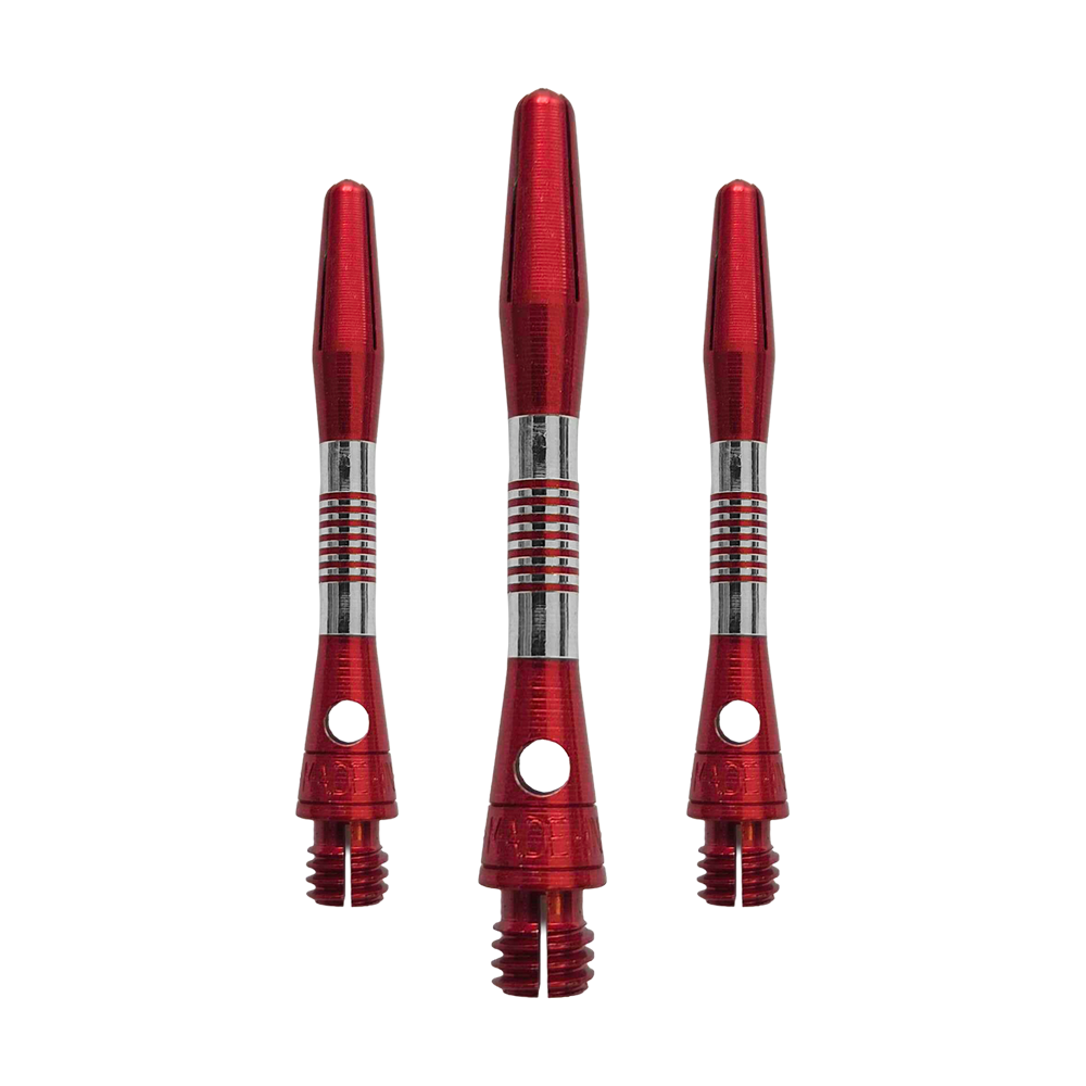 Bulls NL Cetra Aluminium Shafts - Rot Abgebildet ist ein Set roter Aluminium Shafts mit 34 mm Länge. Sie werden wahrscheinlich beim Dartspiel verwendet.