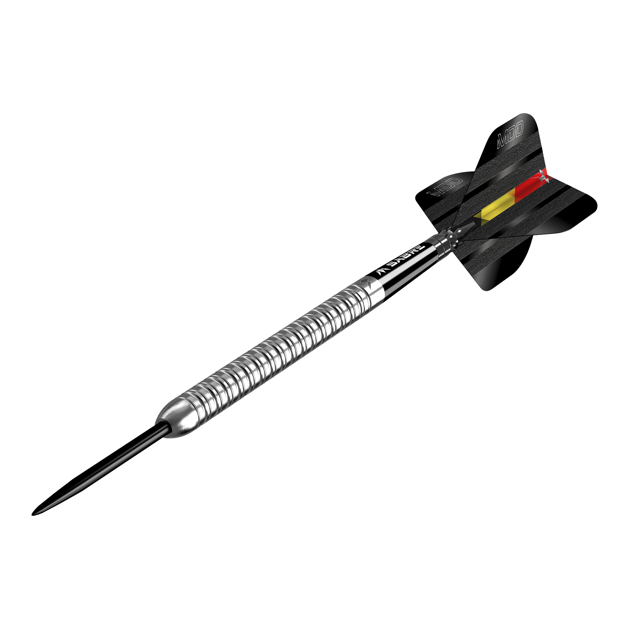 Mission Mike De Decker MDD Silver Steeldarts Das Bild zeigt einen silbernen Steeldart mit dem Namen "Mission Mike De Decker MDD Silver Steeldarts". Der Dartpfeil hat eine schwarze Flugfeder mit einem roten und gelben Streifen.