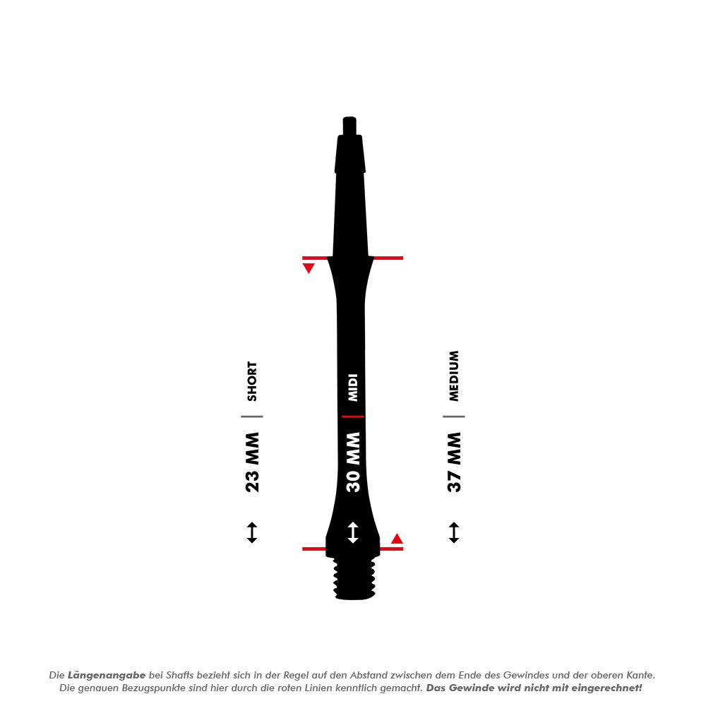 HRC-12602_Harrows_Clic_Slim_Shafts_White_5_30mmCtkZYLWlXpYtz Das Bild zeigt einen schwarzen Harrows Clic Slim Shaft für Darts. Es werden die drei verfügbaren Längen (23 mm, 30 mm und 37 mm) mit Markierungen angezeigt.