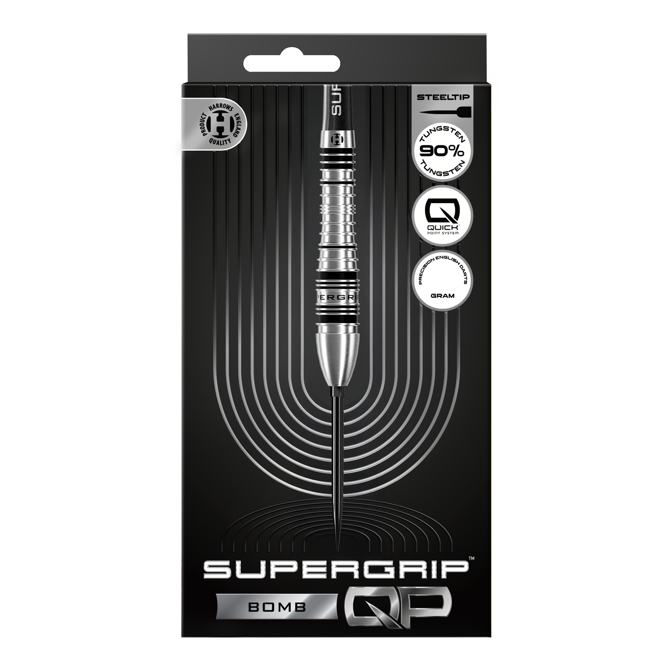 Dardos de acero Harrows Supergrip Bomb Quick Point Gezeigt werden die Harrows Supergrip Bomb Quick Point Steeldarts. Das Produkt bietet hohe Kontrolle und Stabilität beim Wurf.
