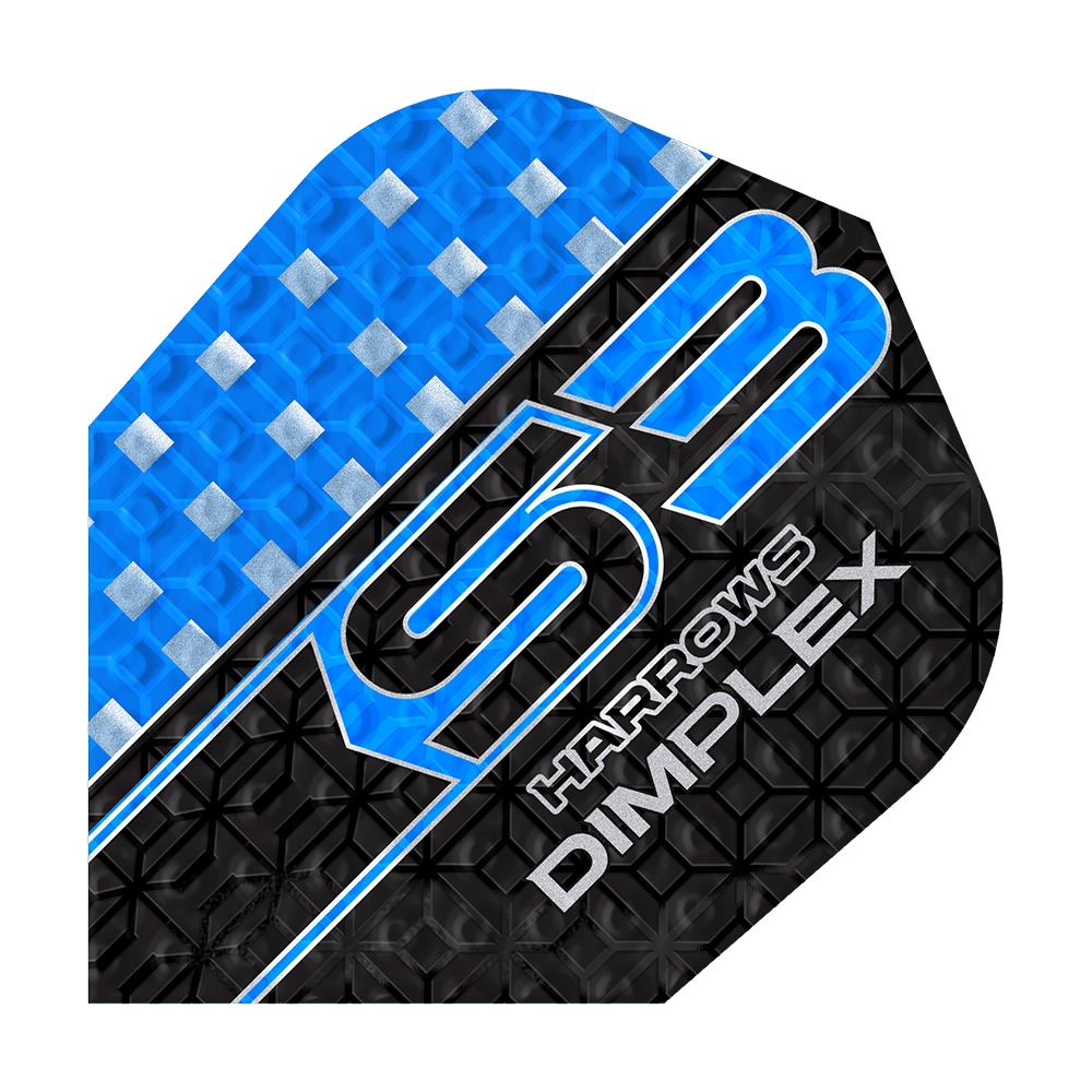 Harrows Dimplex S3 Flights - Blau Das Bild zeigt ein blau-schwarzes Dartflight mit der Aufschrift "S3 HARROWS DIMPLEX". Die Oberfläche hat ein strukturiertes Muster mit silbernen Akzenten.