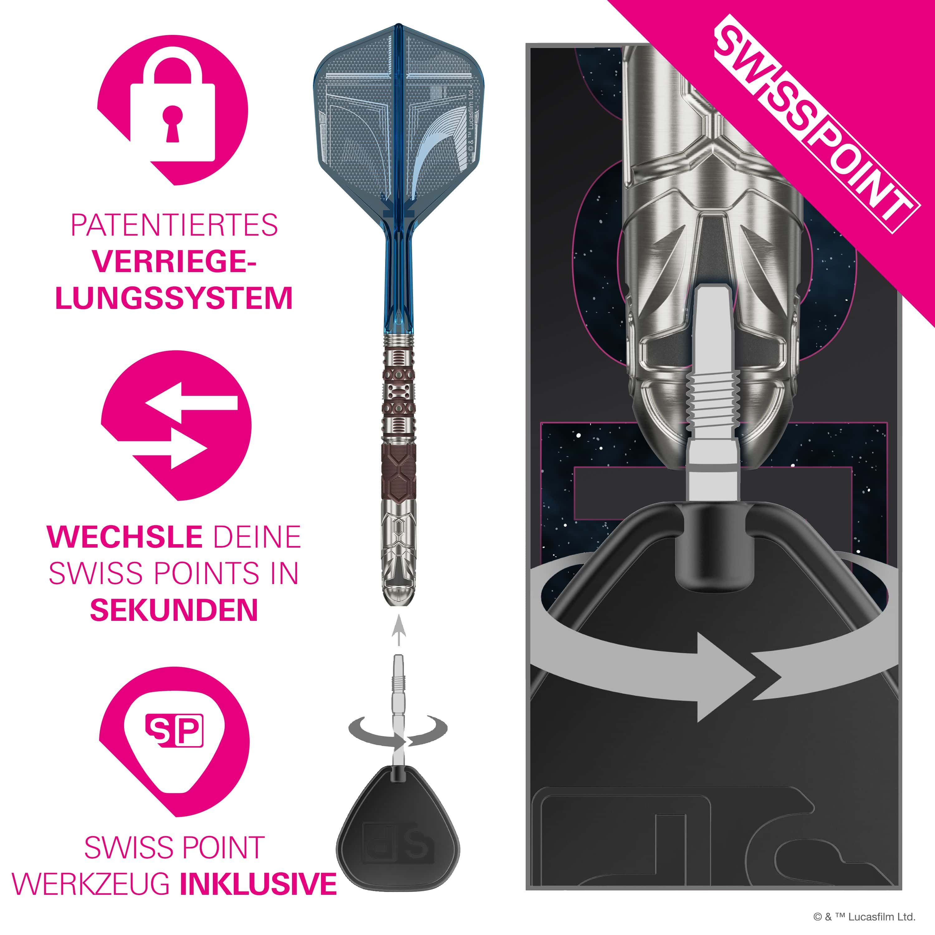 Dardos Target Star Wars Mandalorian 95 Swiss Point de acero Das Bild zeigt die Target Star Wars Mandalorian 95 Swiss Point Steeldarts. Es handelt sich um hochwertige Steeldarts mit einem Mandalorian-Design.