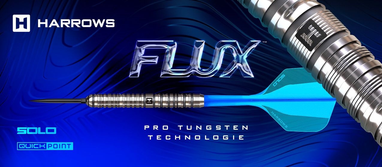 Zu sehen ist die Verpackung der Harrows Flux Darts. Mehrere Dartpfeile und der Markenname sind darauf dargestellt.