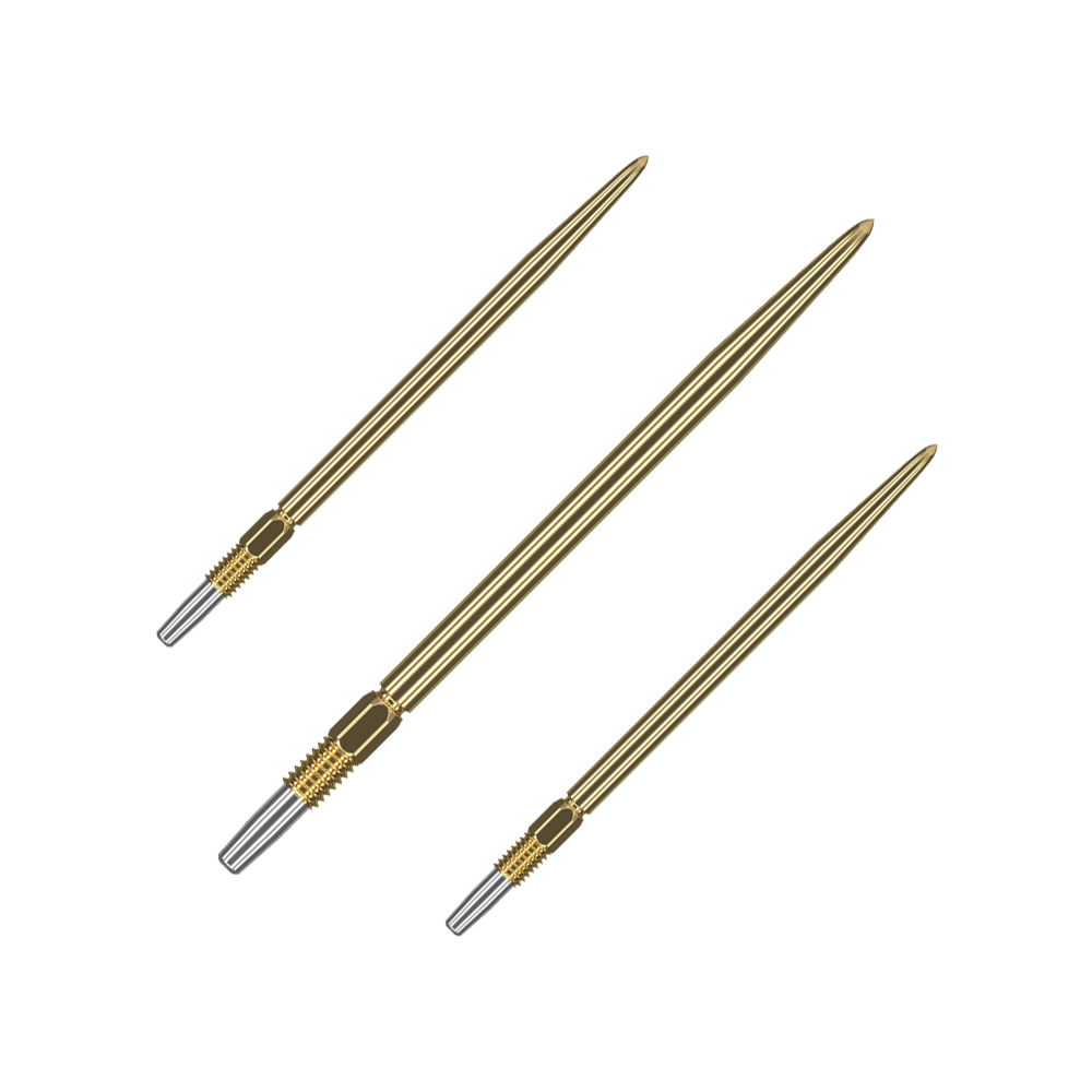 Target Swiss Point Gold Dartspitzen Auf dem Bild sind drei goldene Dartspitzen zu sehen. Sie haben ein geriffeltes silbernes Endstück zur Befestigung.