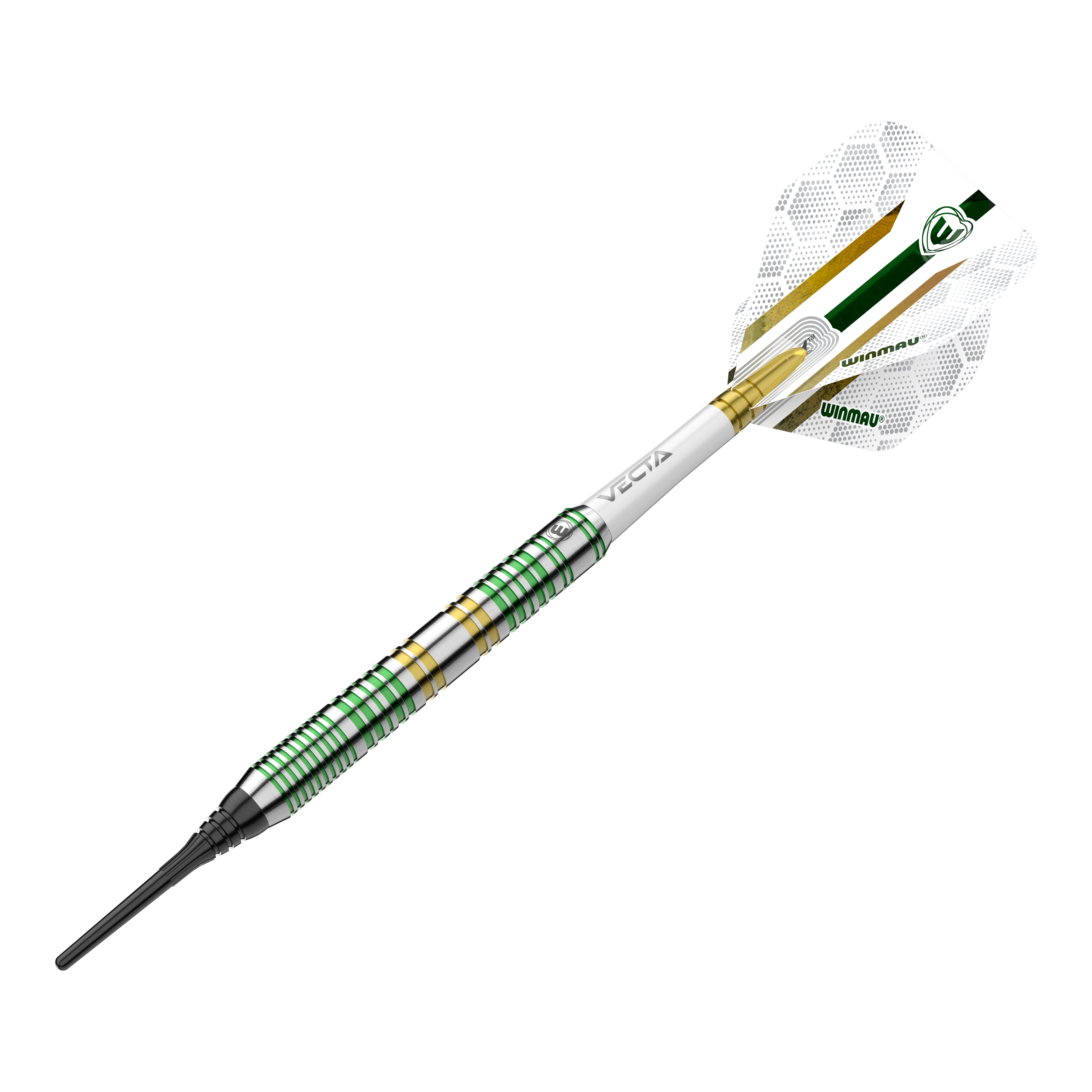 Dardos blandos Winmau Xenon - 20 g Das Bild zeigt den Winmau Xenon Softdart mit einem Gewicht von 20 Gramm. Der Dart hat grüne und goldene Akzente sowie einen weißen Flight mit Winmau-Logo.