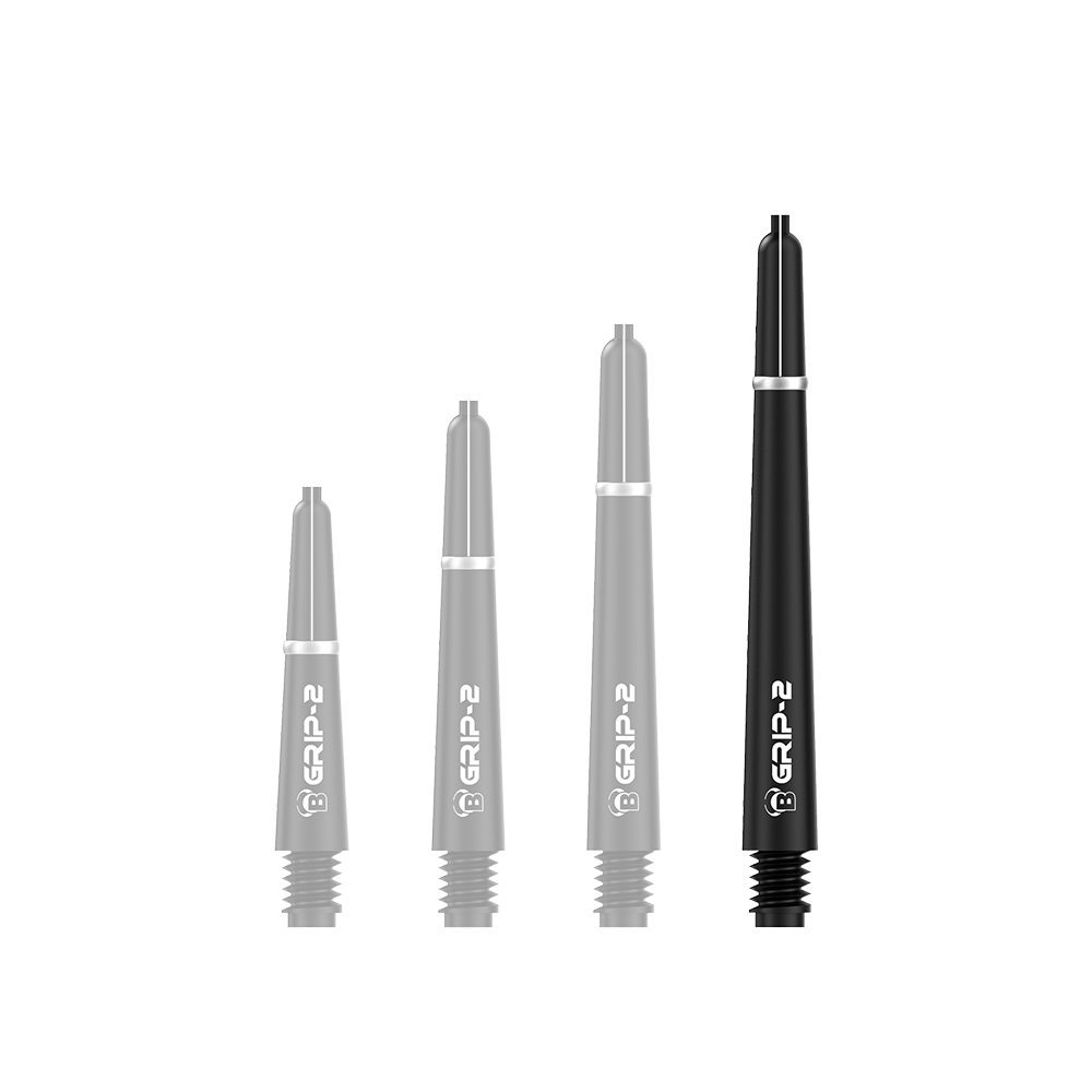 BS55051_Bulls_B-Grip-2_SL_Shafts_Schwarz_48mm_1WZK9xAfj3n7U4 Das Bild zeigt vier schwarze Bulls B-Grip-2 SL Shafts in unterschiedlichen Längen. Sie sind mit einem weißen Schriftzug und silbernen Ringen versehen.